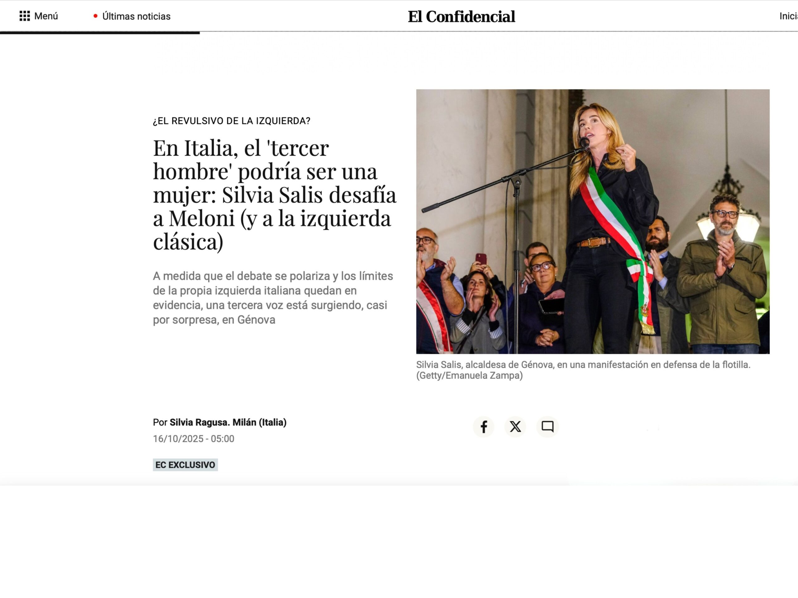 Published in El Confidencial (ES), article “En Italia, el Tercer hombre podria ser una mujer:Silvia Salis desafia a Meloni”, 2025. Documentary photography by Emanuela Zampa. Screenshot of the original editorial layout, preserving image placement and credits.