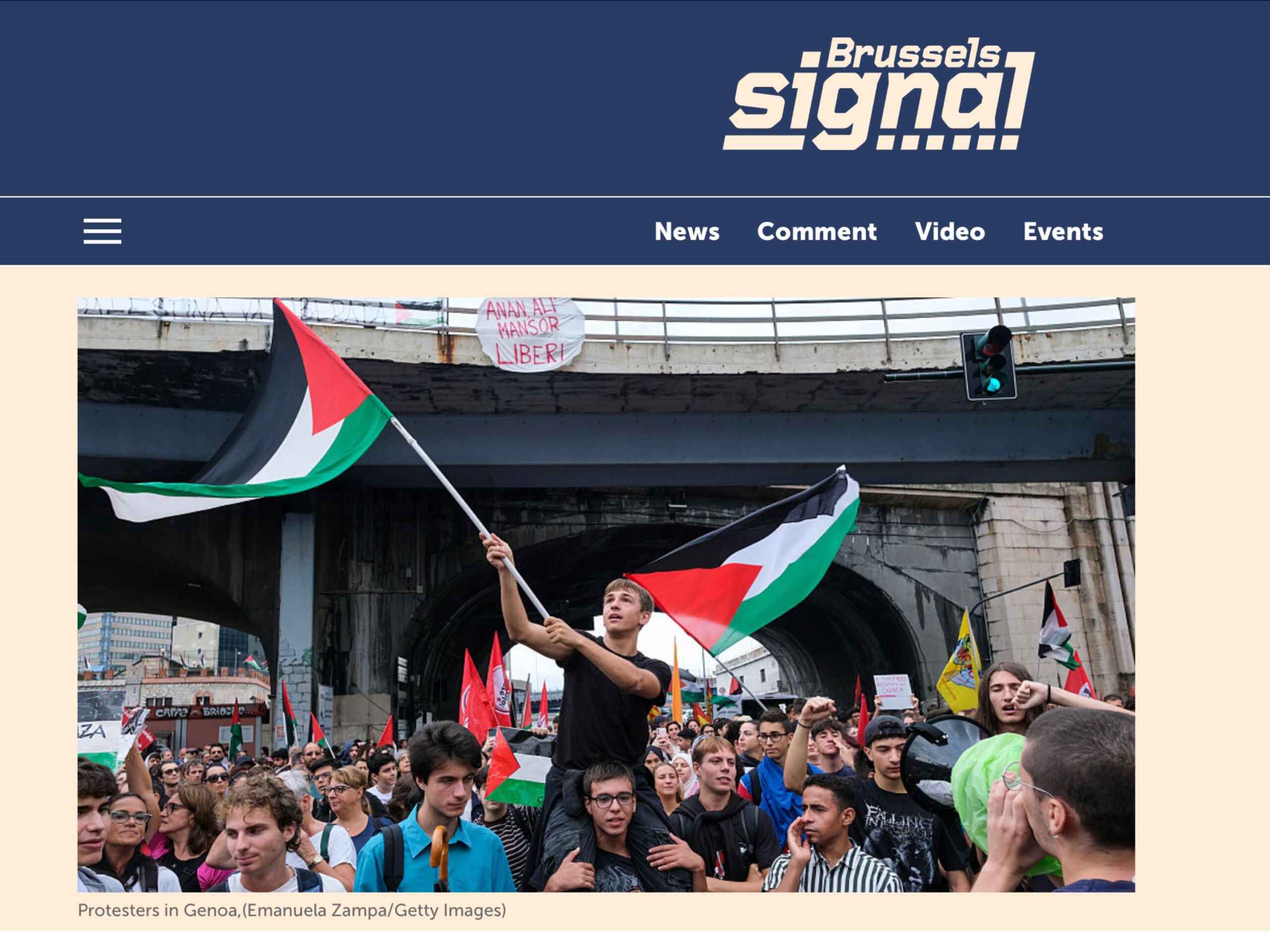 Published in Brussel Signal, article “Many thousands hit streets of Italy to protest ‘Gaza genocide’”, [anno]. Documentary photography by Emanuela Zampa. Screenshot of the original editorial layout, preserving image placement and credits.