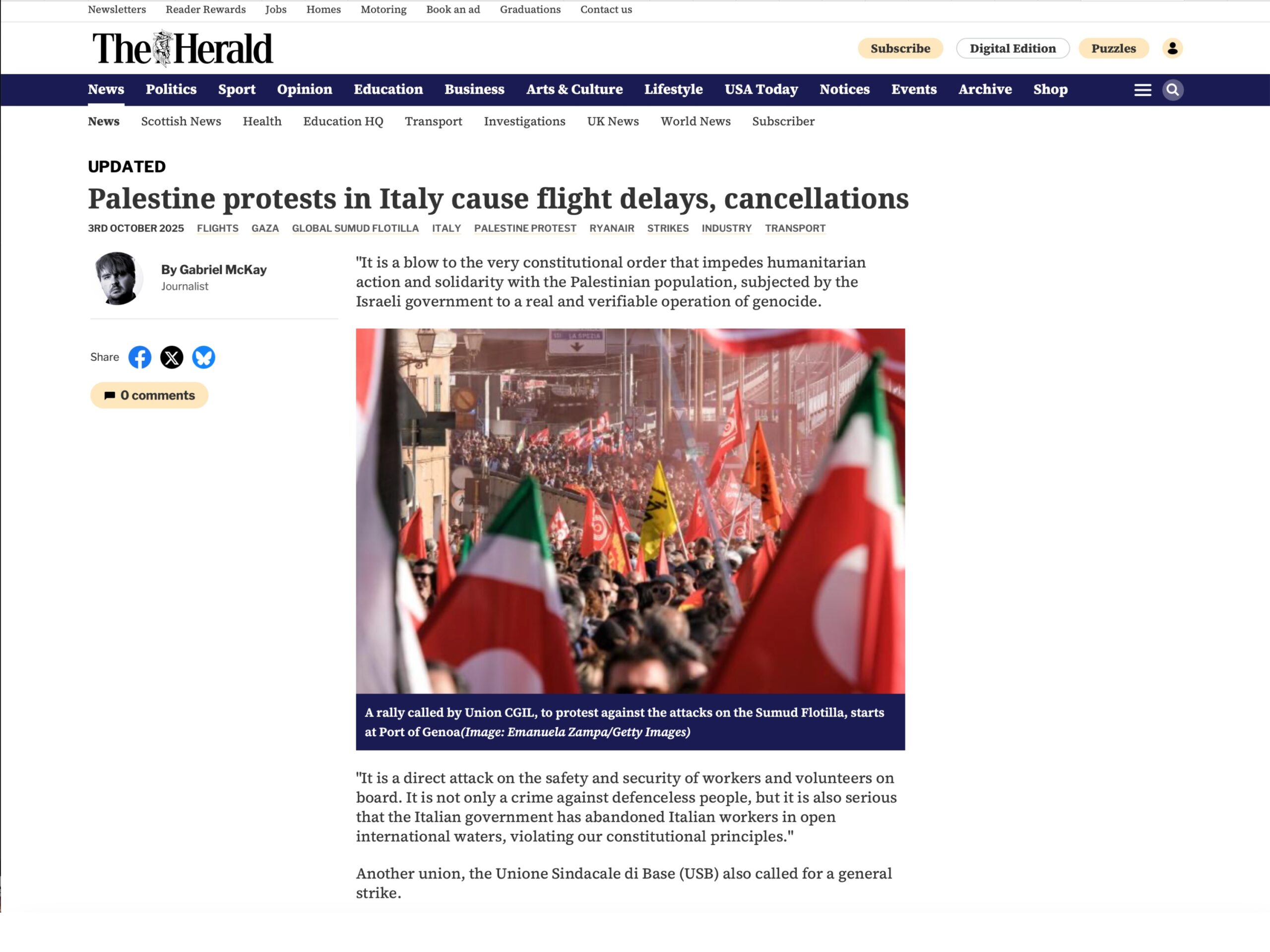 Published in The Herald, article “Palestine protests in Italy cause flight delays, cancellations”, [2025]. Documentary photography by Emanuela Zampa. Screenshot of the original editorial layout, preserving image placement and credits.