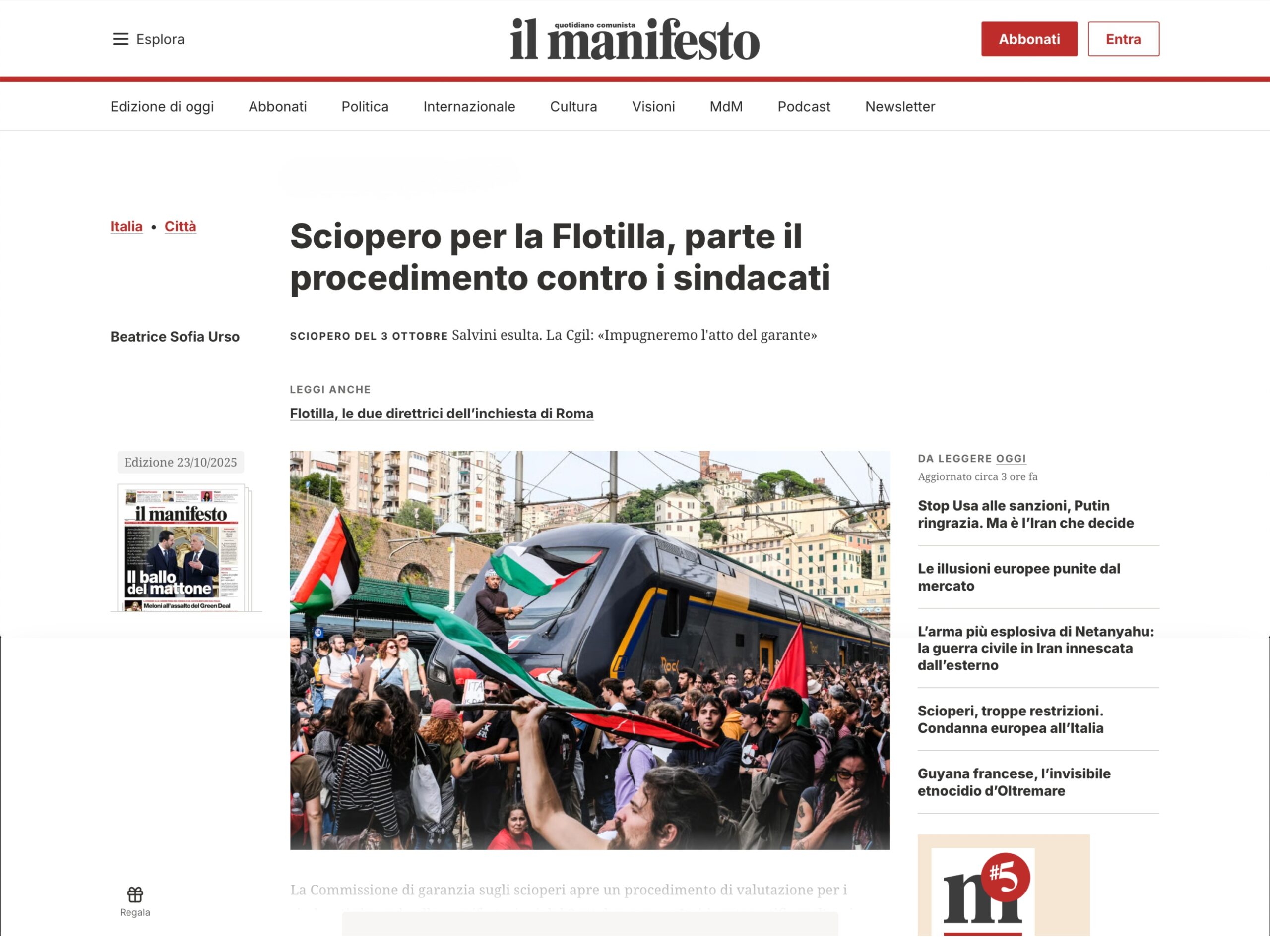 Published in Il Manifesto, article “Sciopero per la Flotilla, parte il procedimento contro i sindacati”, [2025]. Documentary photography by Emanuela Zampa. Screenshot of the original editorial layout, preserving image placement and credits.