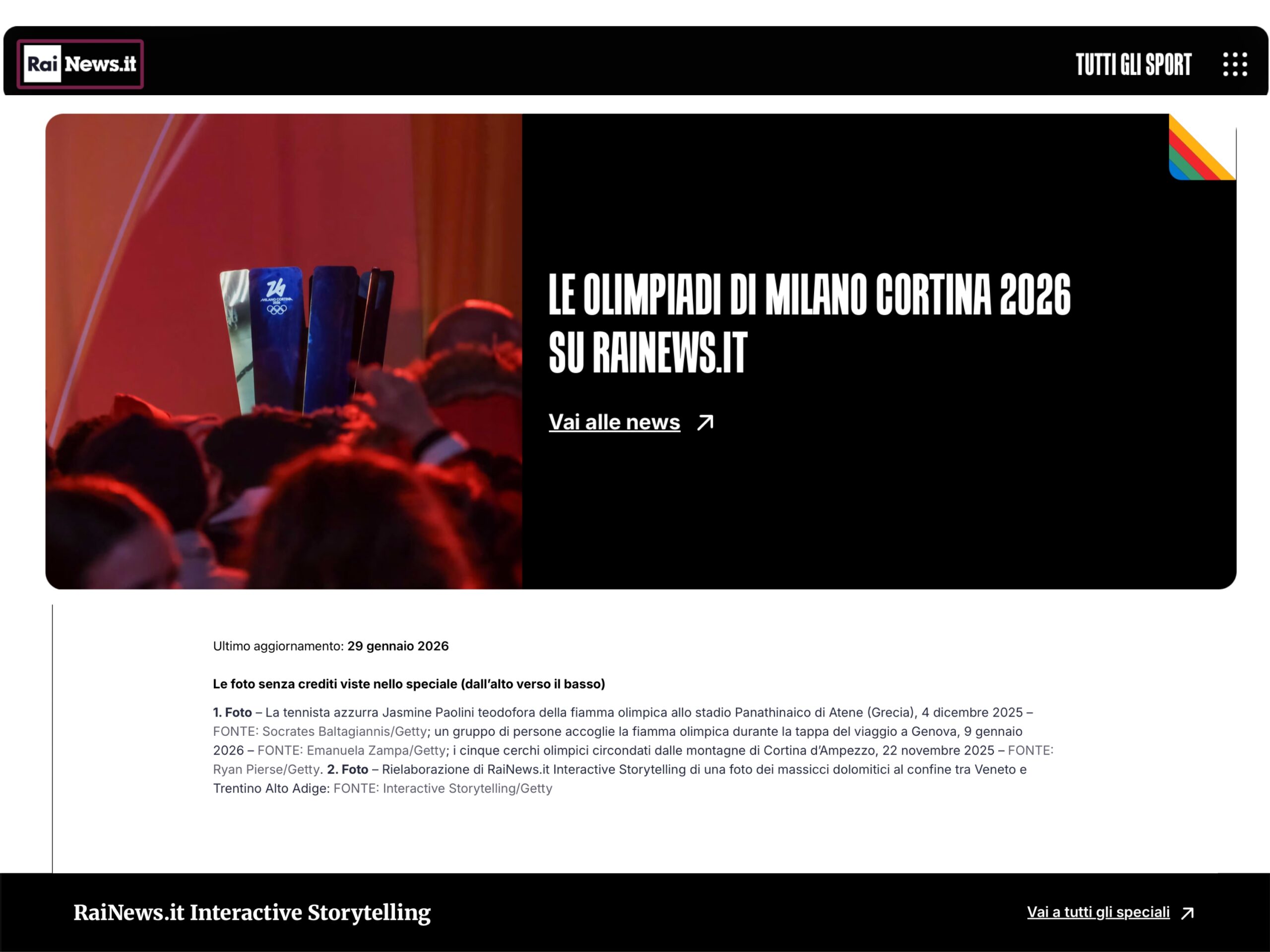 Published in RaiNews, Milano Cortina Olimpics special coverage, [2026]. Documentary photography by Emanuela Zampa. Screenshot of the original editorial layout, preserving image placement and credits.
