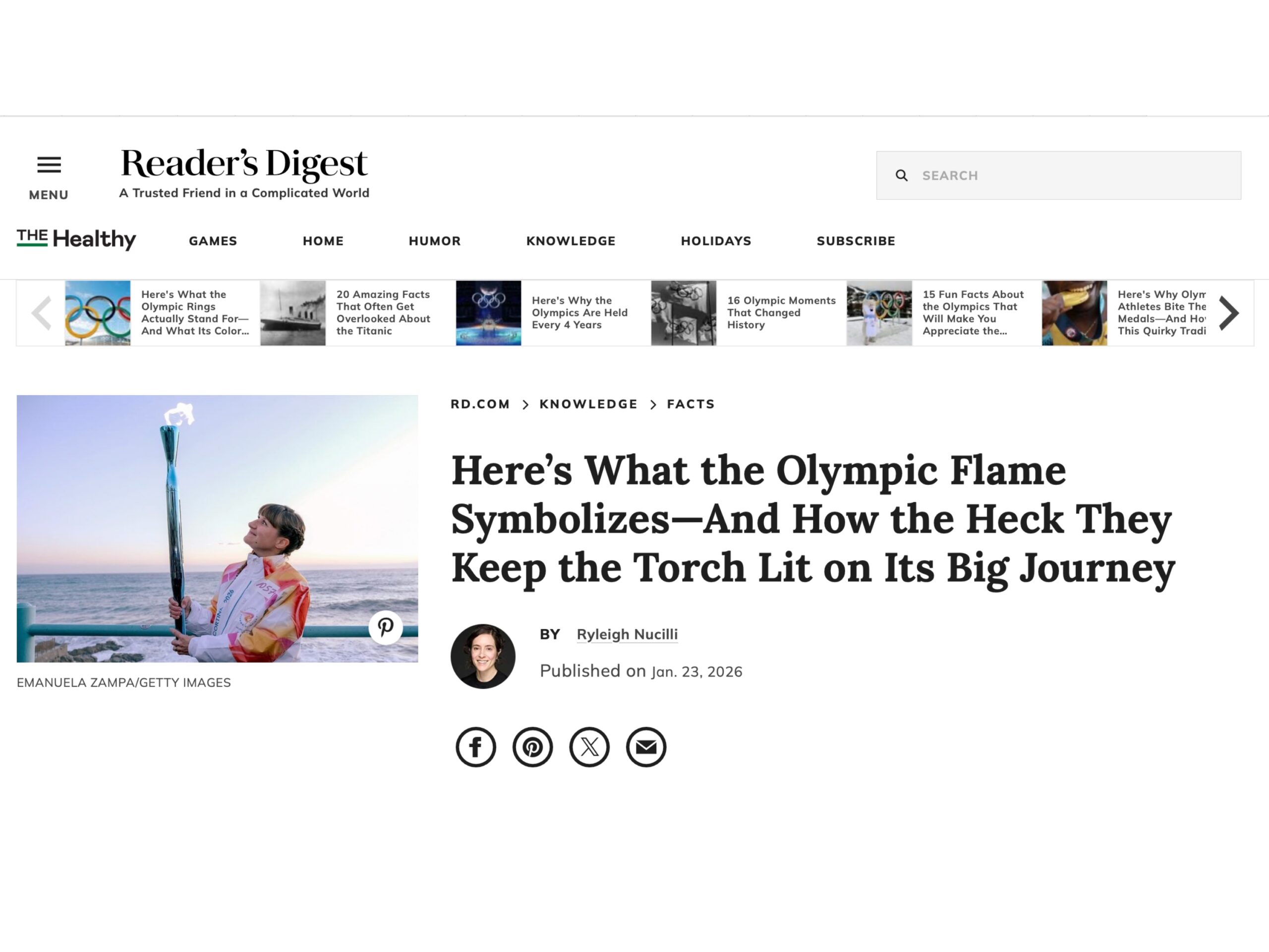 Published in Reader's Digest, article “Here's What the Olympic Flame Symbolizes”, [2026]. Documentary photography by Emanuela Zampa. Screenshot of the original editorial layout, preserving image placement and credits.