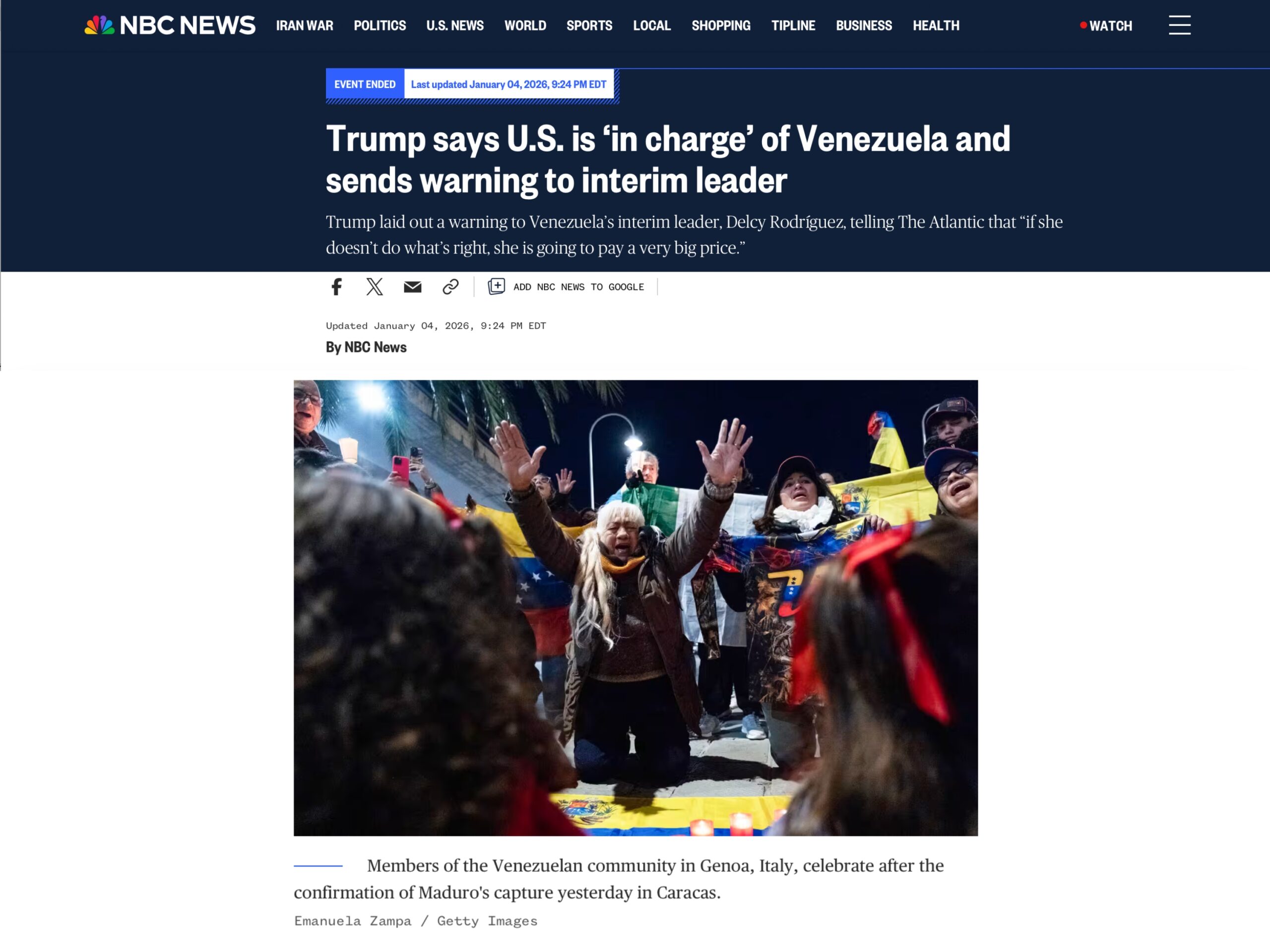 Published in NBC NEWS, article “Trump says U.S. is 'in charge' of Venezuela and sends warning to interim leader”, [2026]. Documentary photography by Emanuela Zampa. Screenshot of the original editorial layout, preserving image placement and credits.
