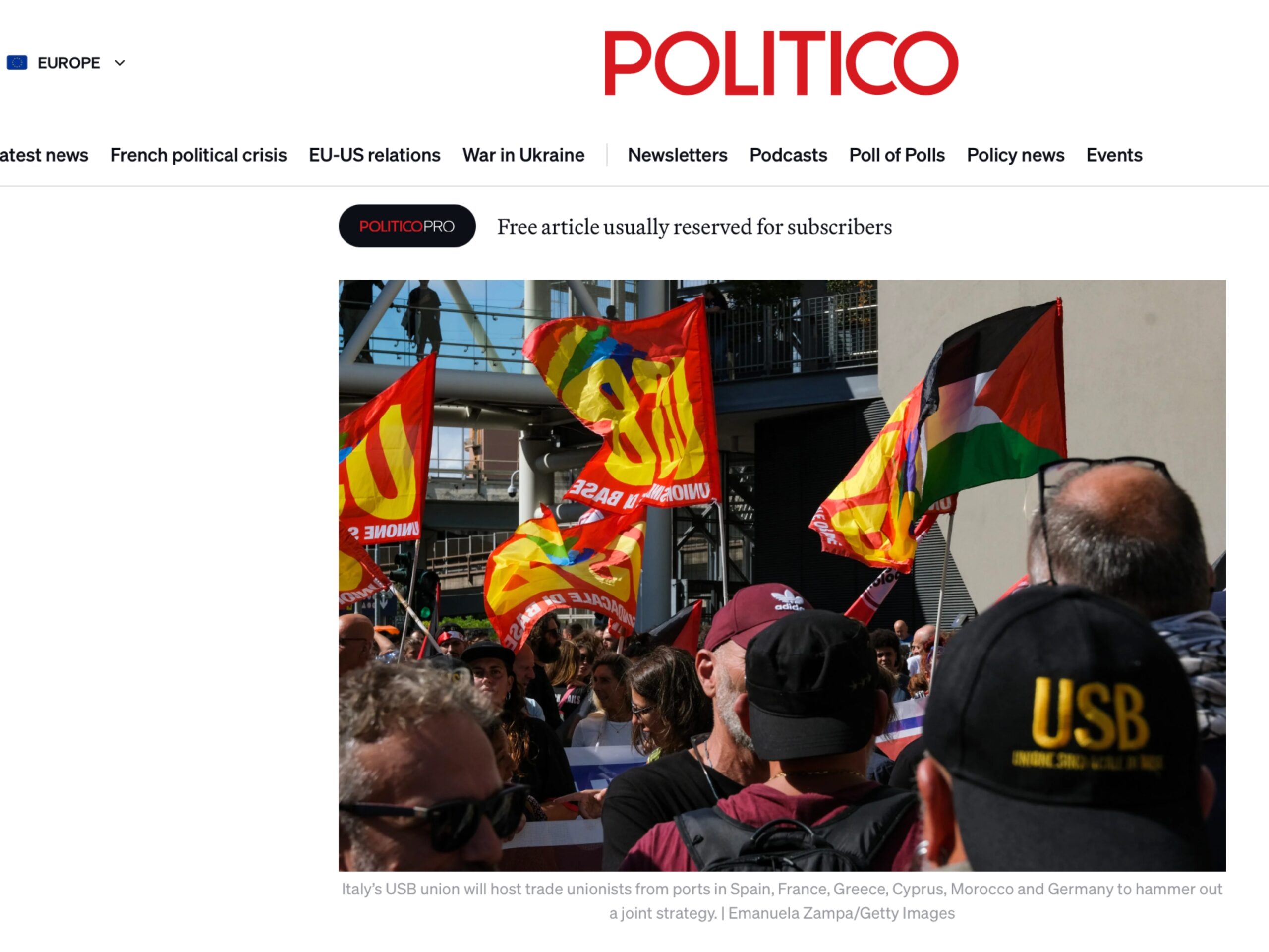 Published in Politico.eu, article “Dockworkers from across Europe gather to plan trade squeeze on Israel”, 2025. Documentary photography by Emanuela Zampa. Screenshot of the original editorial layout, preserving image placement and credits.