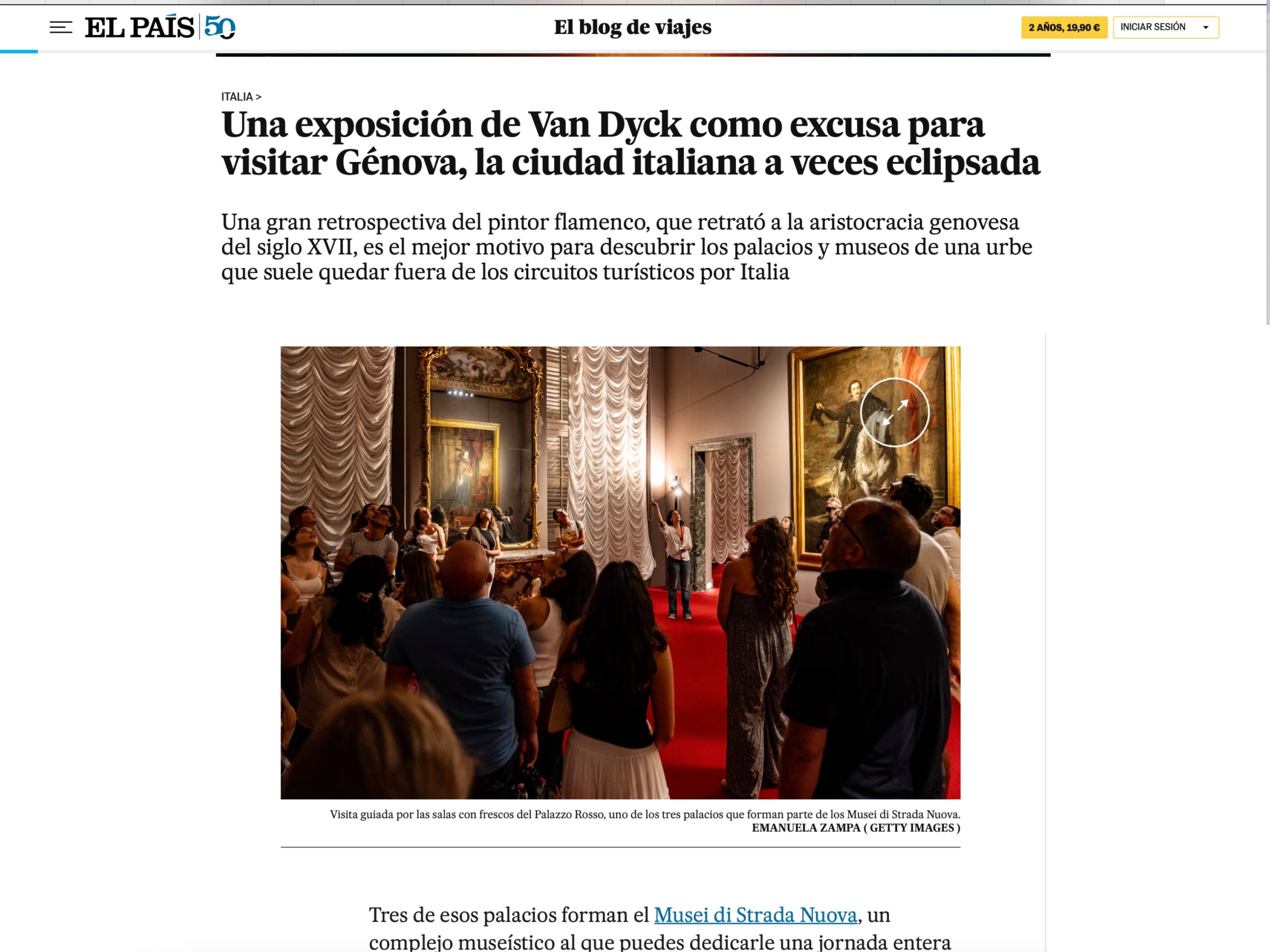 Published in El Pais, article “Una exposiciòn de Van Dyck como excusa para visitar Génova, la ciudad italiana a veces eclipsada”, [2026]. Documentary photography by Emanuela Zampa. Screenshot of the original editorial layout, preserving image placement and credits.