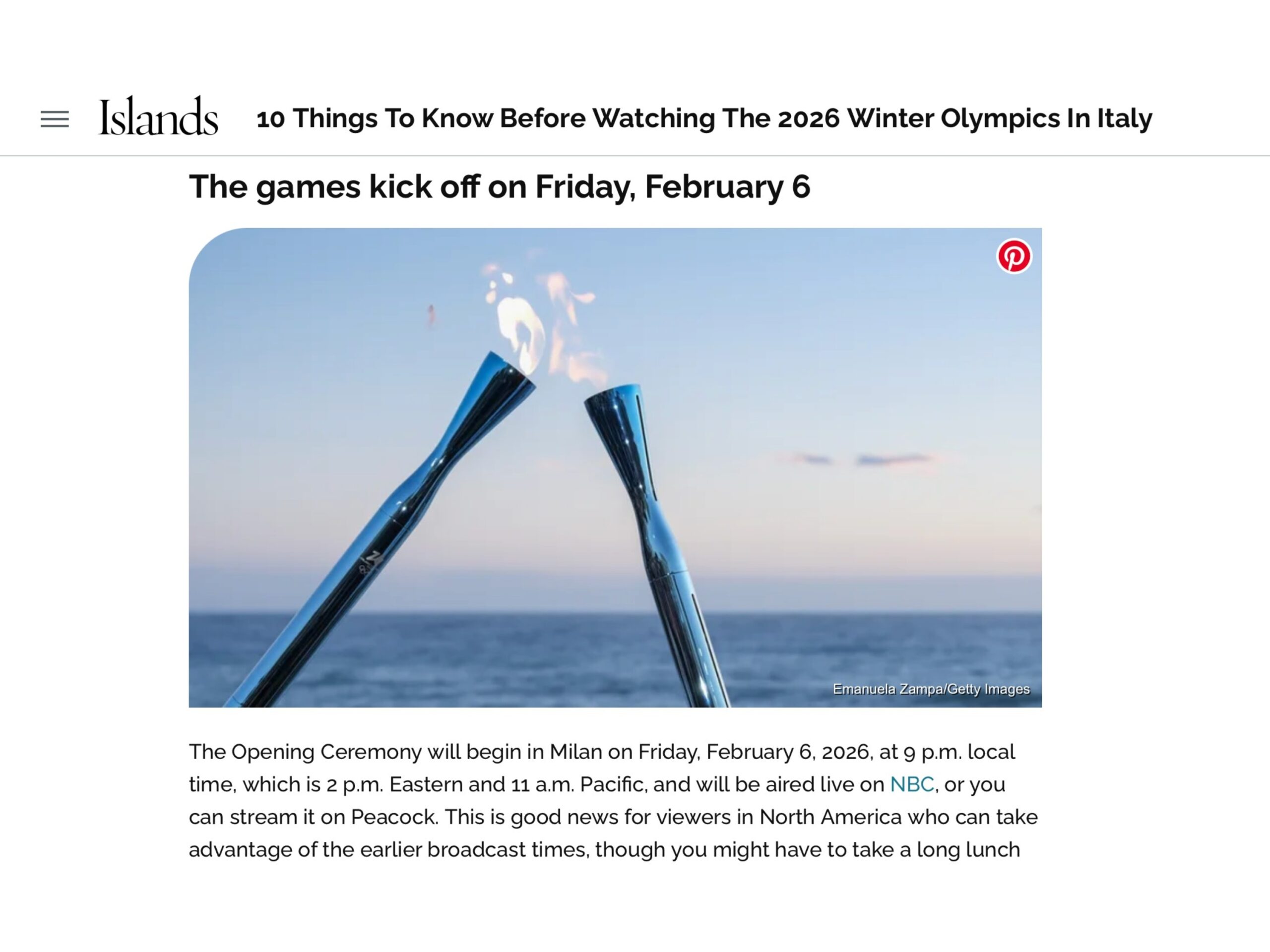 Published in Islands, article “10 Things to know Before Watching The 2026 Winter Olympics in Italy”, [2026]. Documentary photography by Emanuela Zampa. Screenshot of the original editorial layout, preserving image placement and credits.