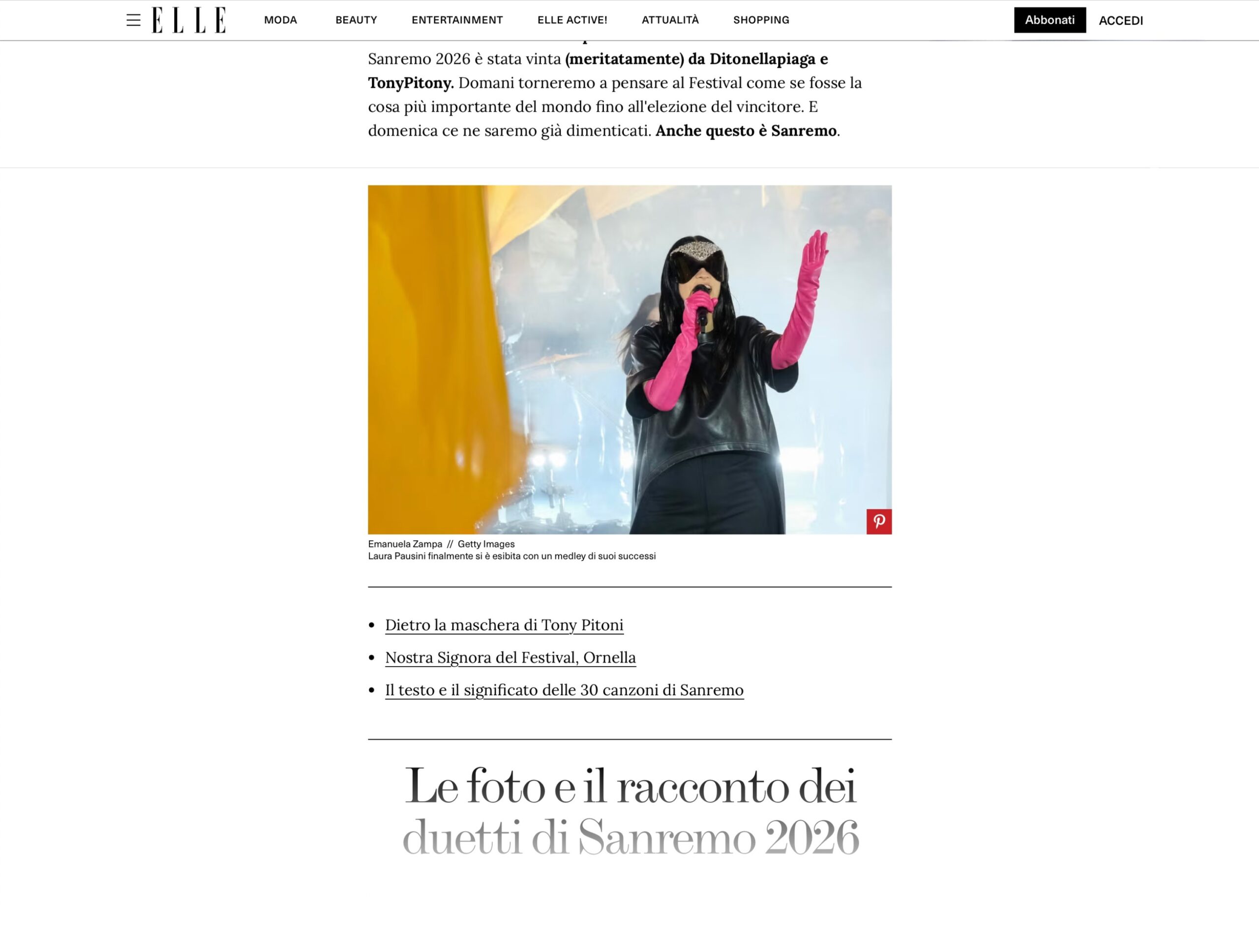 Published in Elle, article “Piccolissimo ma fondamentale recap della quarta serata di Sanremo 2026”, [2026]. Documentary photography by Emanuela Zampa. Screenshot of the original editorial layout, preserving image placement and credits.