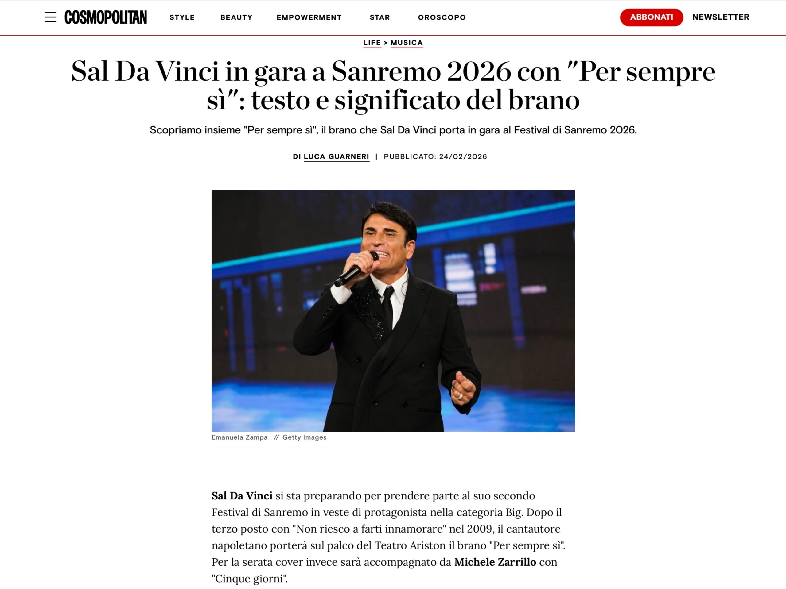 Published in Cosmopolitan, article “Sal Da Vinci in gara a Sanremo 2026 con 'Per sempre sì': testo e significato del brano”, [2026]. Documentary photography by Emanuela Zampa. Screenshot of the original editorial layout, preserving image placement and credits.