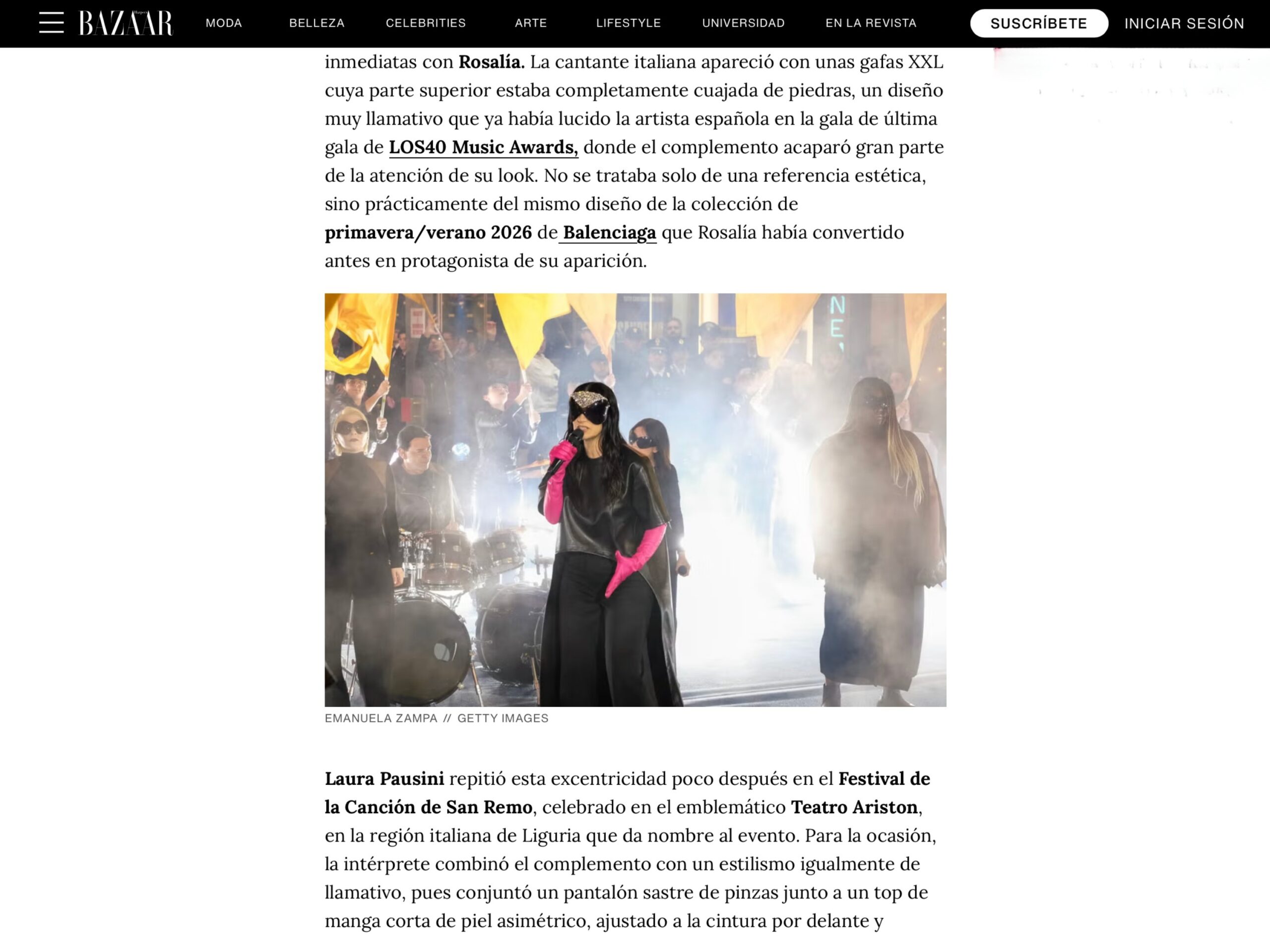 Published in Harper's Bazaar, article “Laura Pausini se inspira en uno de los looks más transgresores de Rosalía para actuar en el Festival de San Remo”, [2026]. Documentary photography by Emanuela Zampa. Screenshot of the original editorial layout, preserving image placement and credits.