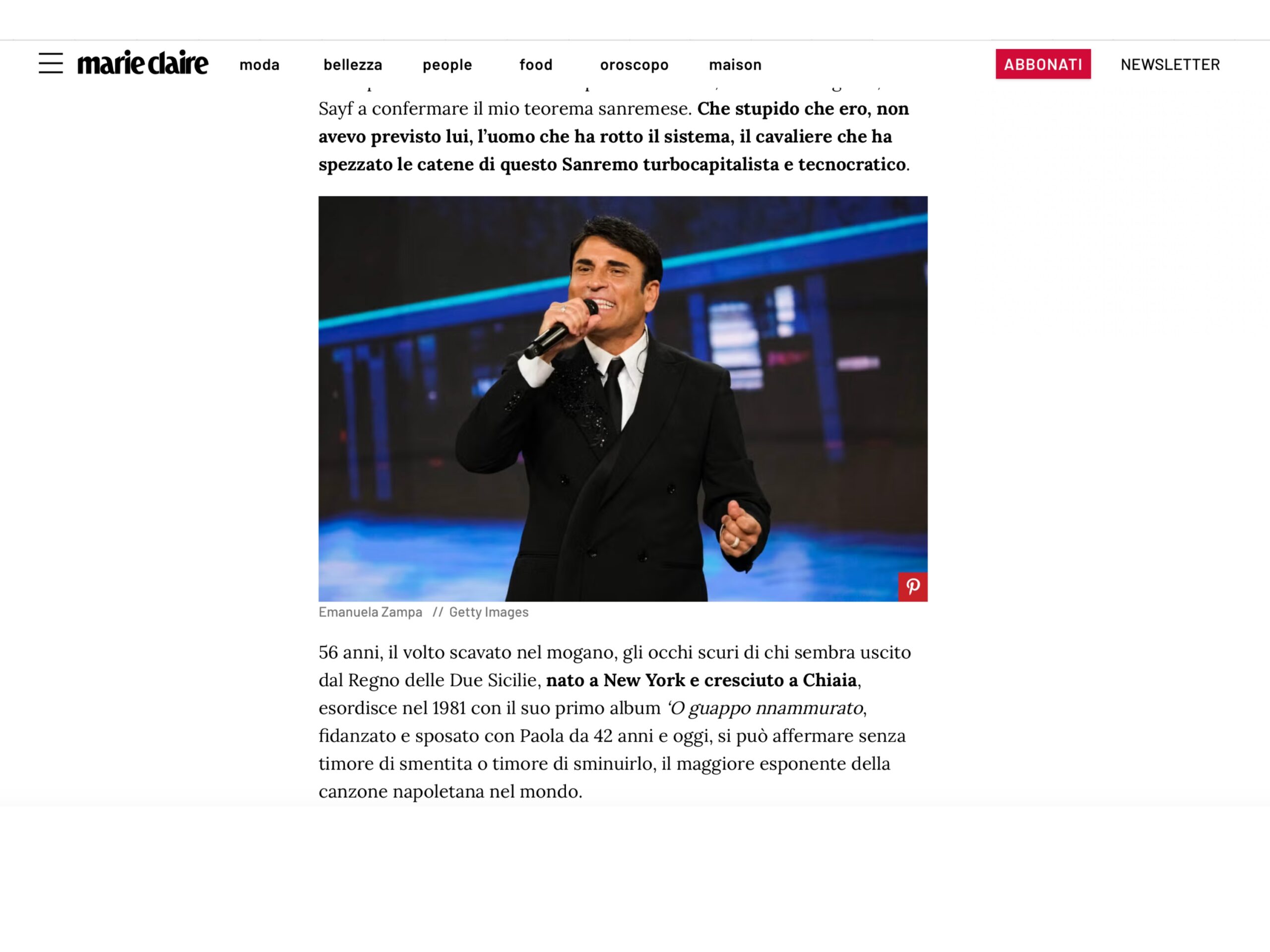 Published in Marie Claire, article “Non avevo previsto lui, il cavaliere che ha spezzato le catene di questo Sanremo turbocapitalista”, [2026]. Documentary photography by Emanuela Zampa. Screenshot of the original editorial layout, preserving image placement and credits.