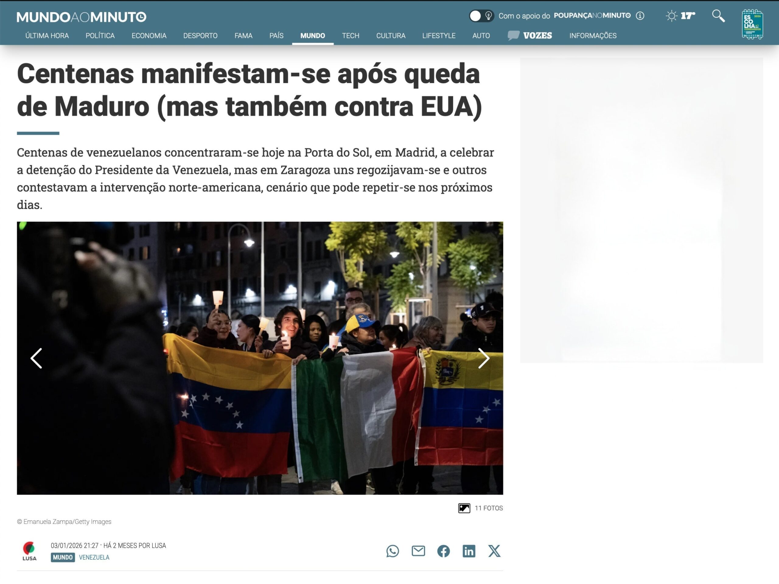 Published in Mundo ao Minuto, article “Centenas manifestam-se apoos queda de Maduro”, [2026]. Documentary photography by Emanuela Zampa. Screenshot of the original editorial layout, preserving image placement and credits.