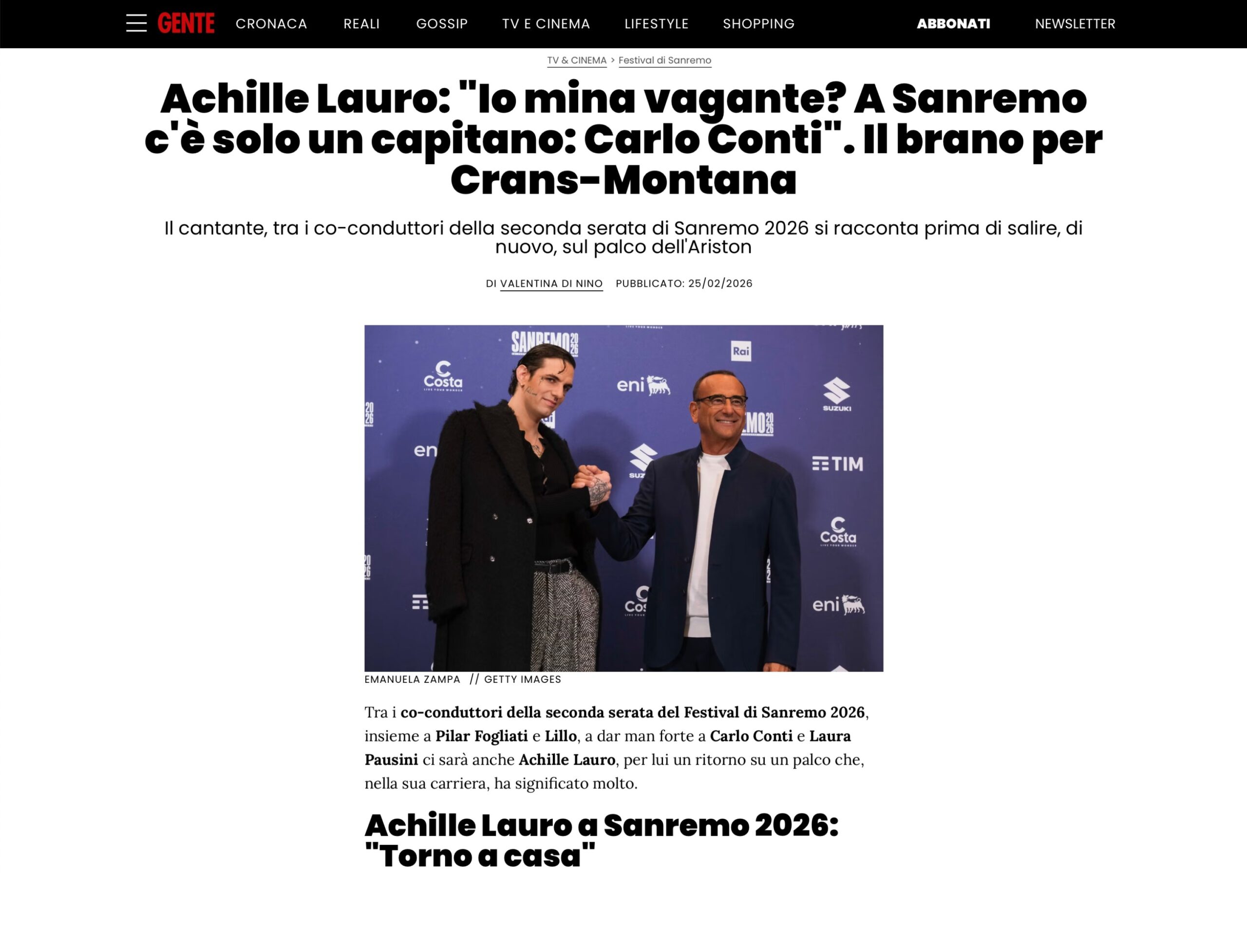 Published in Gente, article “Achille Lauro: 'Io mina vagante? A Sanremo c'è solo un capitano: Carlo Conti'. Il brano per Cras-Montana”, [2026]. Documentary photography by Emanuela Zampa. Screenshot of the original editorial layout, preserving image placement and credits.