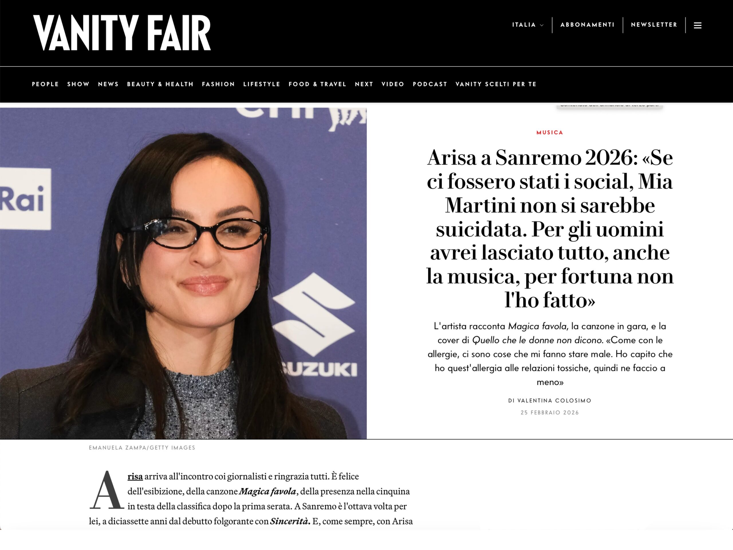 Published in Vanity Fair, article “Arisa a Sanremo 2026: «Se ci fossero stati i social, Mia Martini non si sarebbe suicidata. Per gli uomini avrei lasciato tutto, anche la musica, per fortuna non l'ho fatto»”, [2026]. Documentary photography by Emanuela Zampa. Screenshot of the original editorial layout, preserving image placement and credits.
