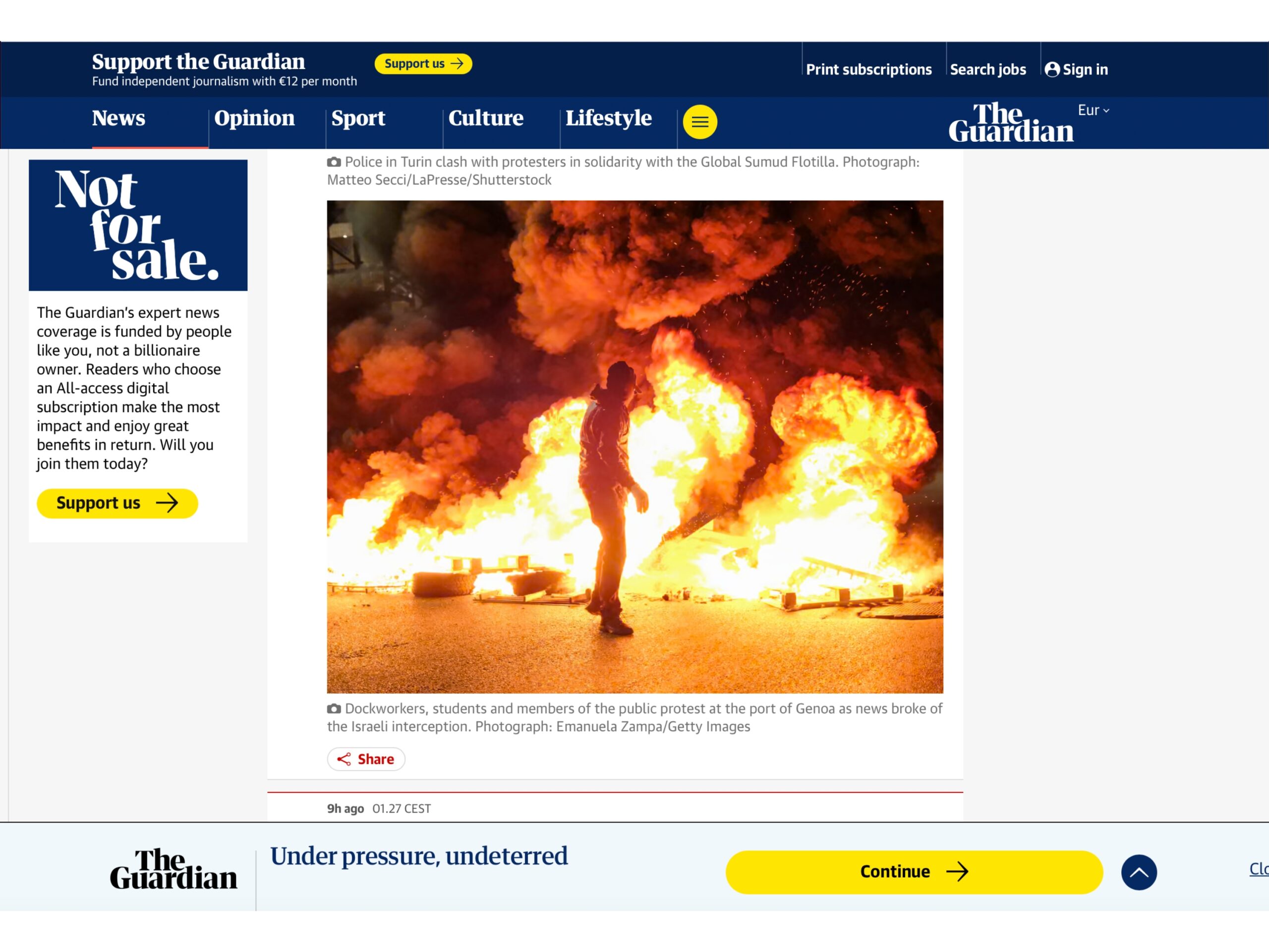 Published in The Guardian, article “Israeli naval forces board pro-Palestinian flotilla 75 miles from Gaza”, 2025. Documentary photography by Emanuela Zampa. Screenshot of the original editorial layout, preserving image placement and credits.