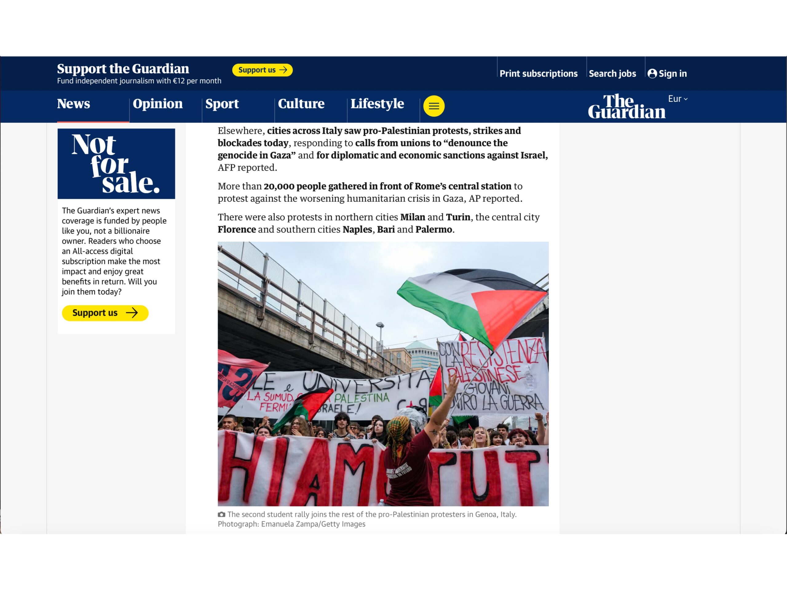 Published in The Guardian, article “Thousands protest in solidarity with Gaza on second day of Italian strikes”, [anno]. Documentary photography by Emanuela Zampa. Screenshot of the original editorial layout, preserving image placement and credits.