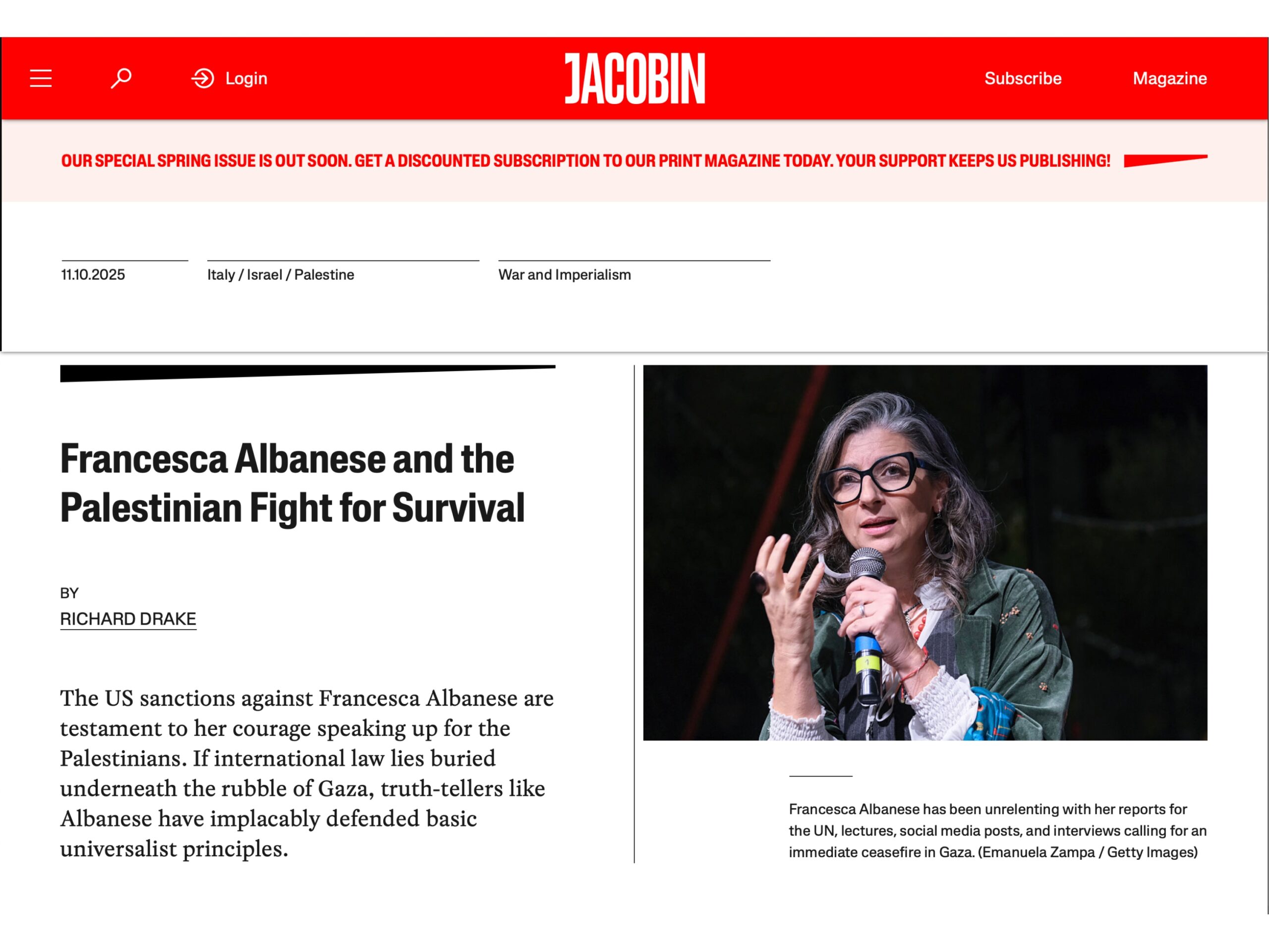 Published in Jacobin, article “Francesca Albanese and the Palestinian Fight for Survival”, 2025. Documentary photography by Emanuela Zampa. Screenshot of the original editorial layout, preserving image placement and credits.