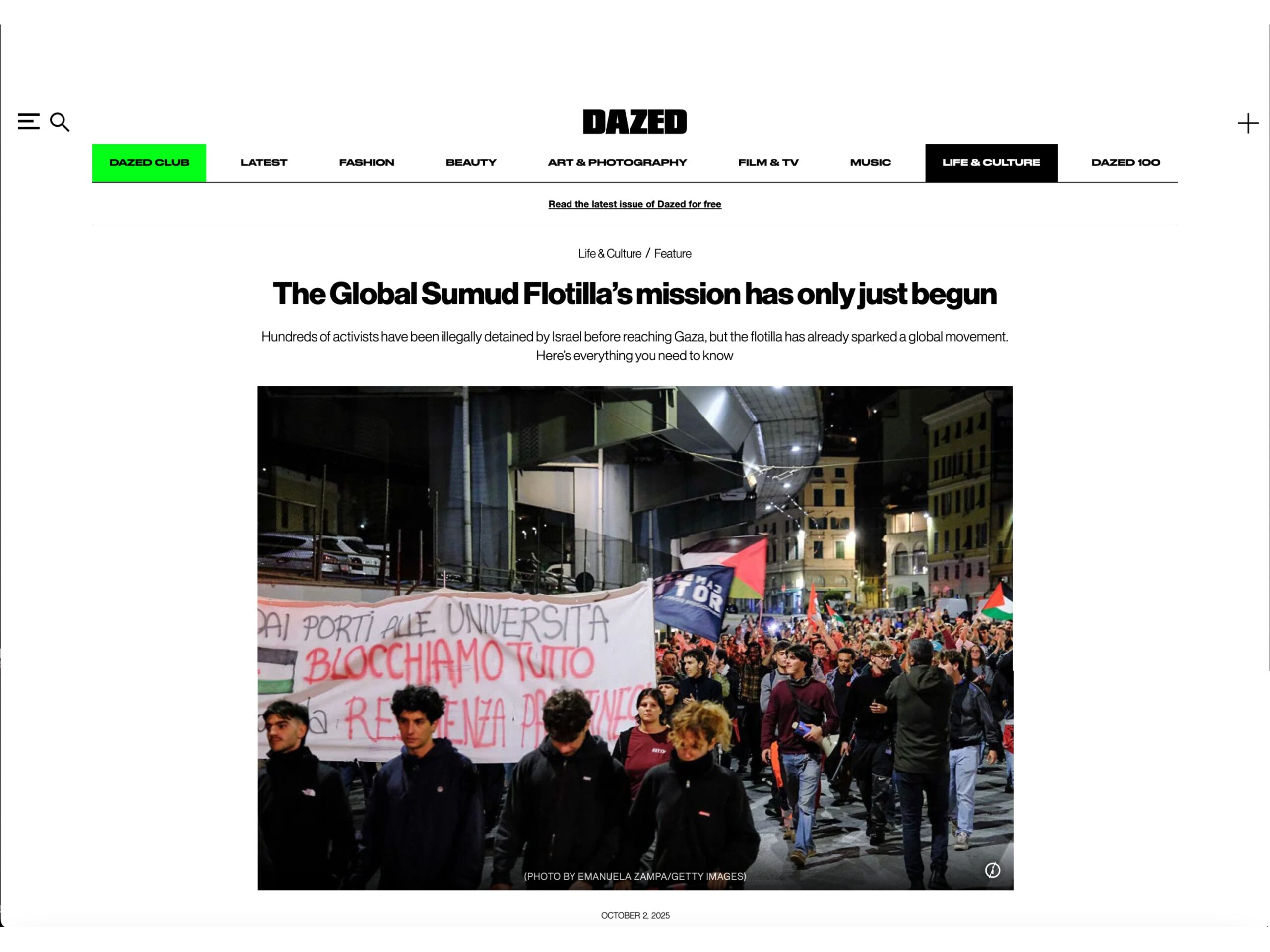 Published in Dazed, article “The Global Sumud Flottilla's mission has only just begun”, [anno]. Documentary photography by Emanuela Zampa. Screenshot of the original editorial layout, preserving image placement and credits.