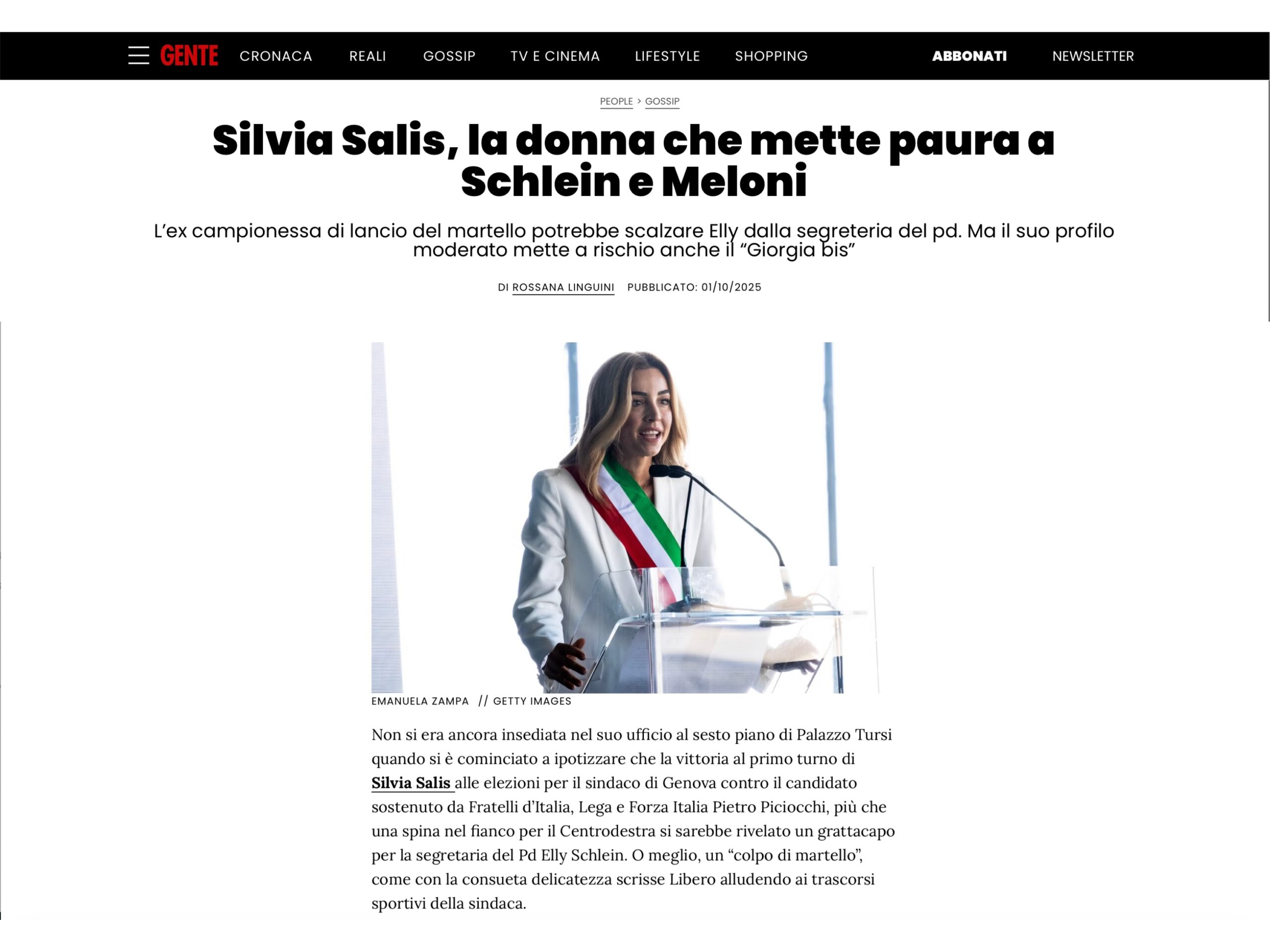 Published in Gente, article “Silvia Salis, la donna che mette paura a Schlein e Meloni”, [2025]. Documentary photography by Emanuela Zampa. Screenshot of the original editorial layout, preserving image placement and credits.