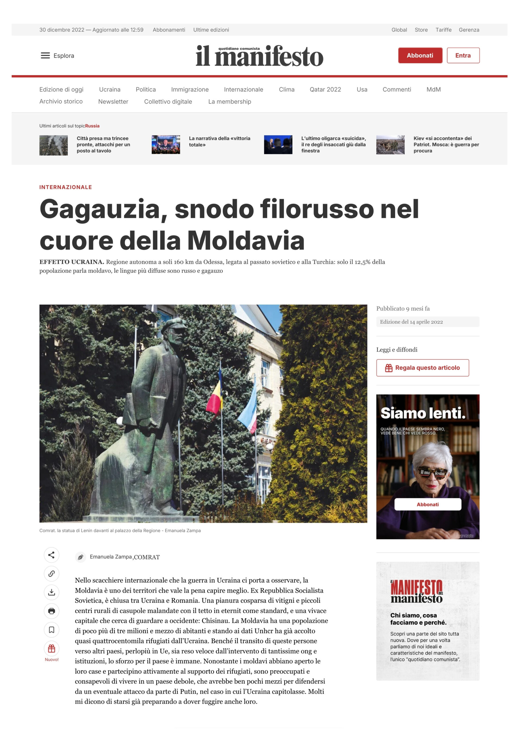 Published in Il Manifesto, article “Gagauzia, snodo filorusso nel cuore della Moldavia”, [2022]. Documentary photography by Emanuela Zampa. Screenshot of the original editorial layout, preserving image placement and credits.