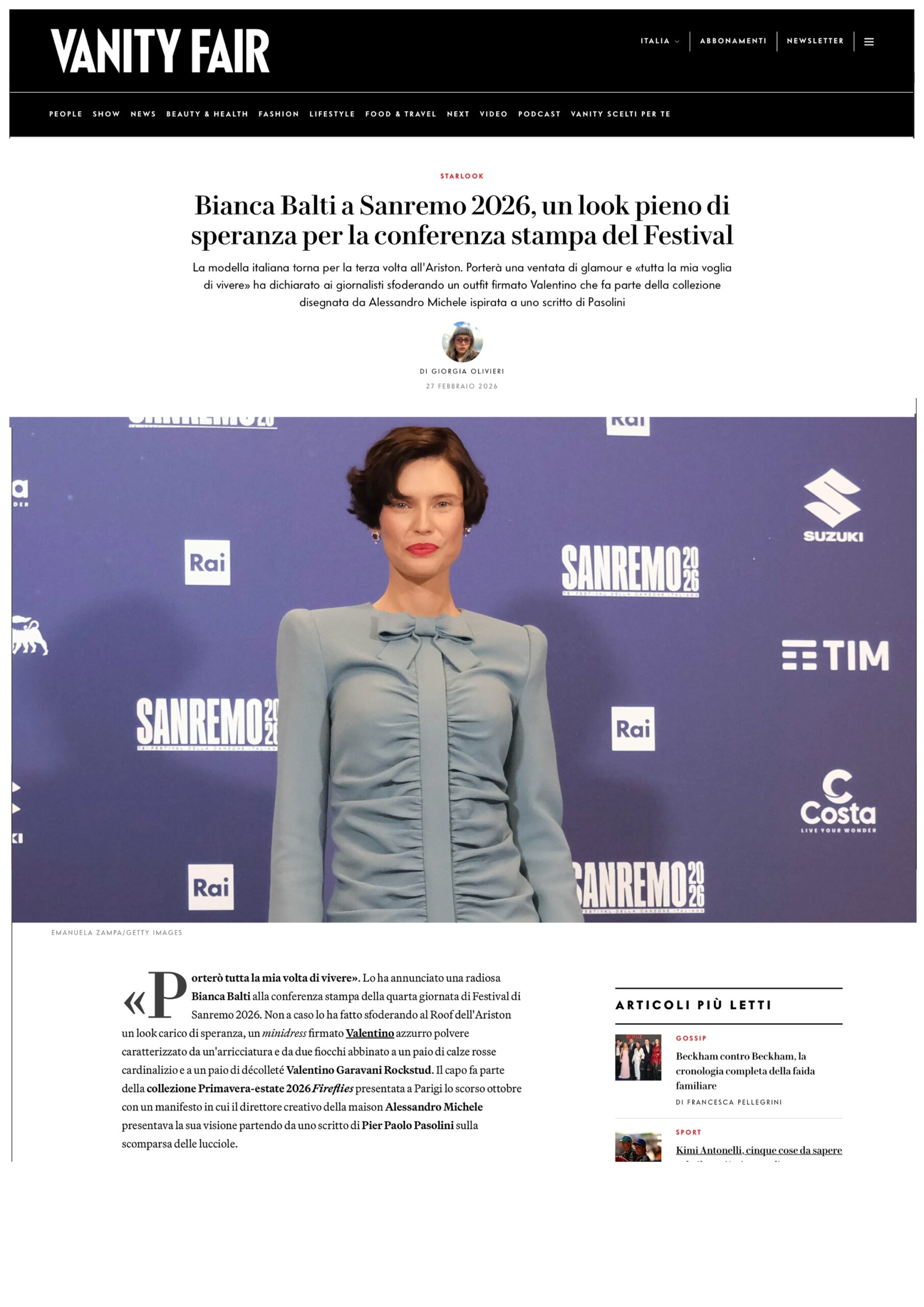 Published in Vanity Fair, article “Bianca Balti a Sanremo 2026, un look pieno di speranza per la conferenza stampa del festival”, [2026]. Documentary photography by Emanuela Zampa. Screenshot of the original editorial layout, preserving image placement and credits.