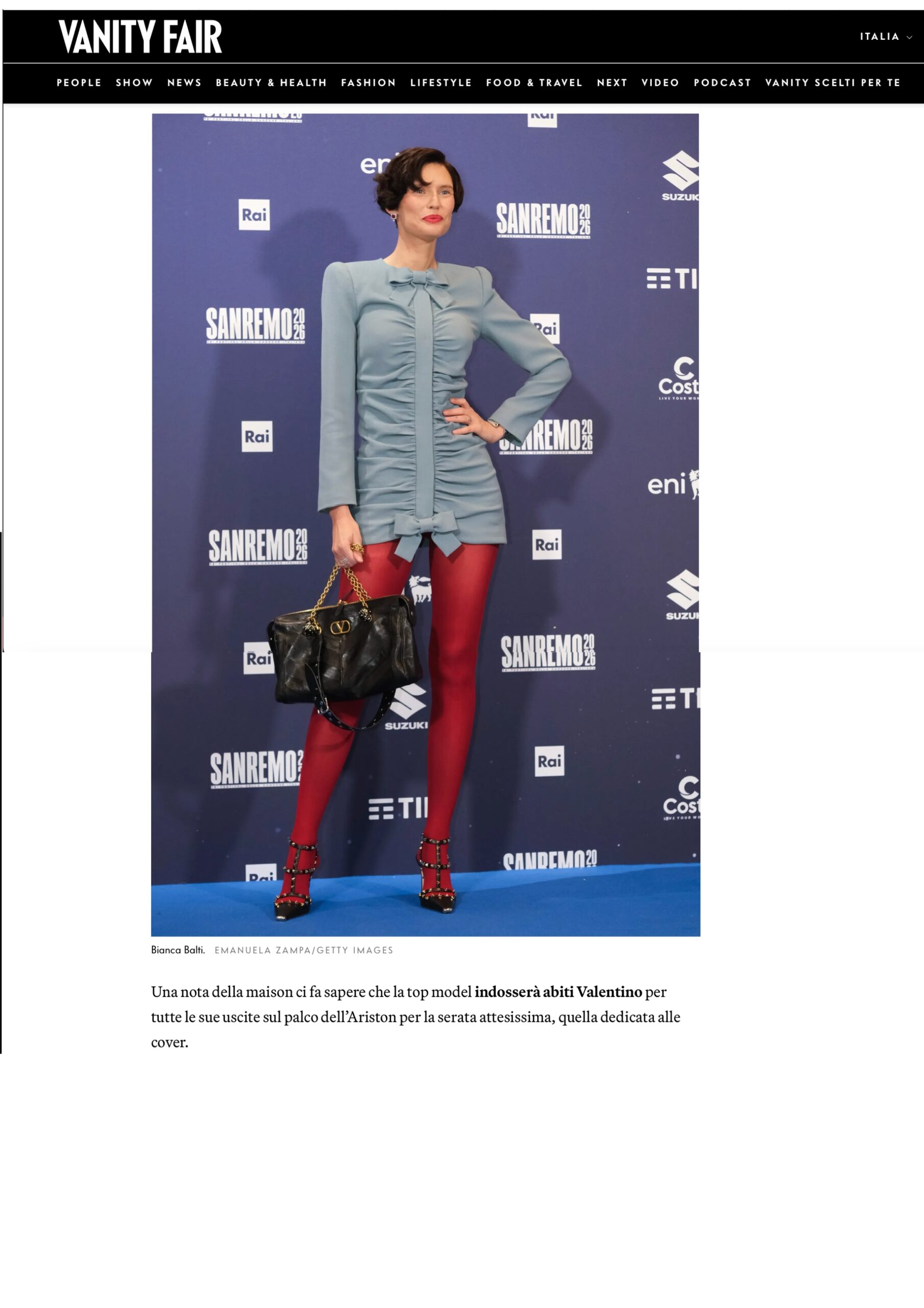 Published in Vanity Fair, article “Bianca Balti a Sanremo 2026, un look pieno di speranza per la conferenza stampa del festival”, [2026]. Documentary photography by Emanuela Zampa. Screenshot of the original editorial layout, preserving image placement and credits.