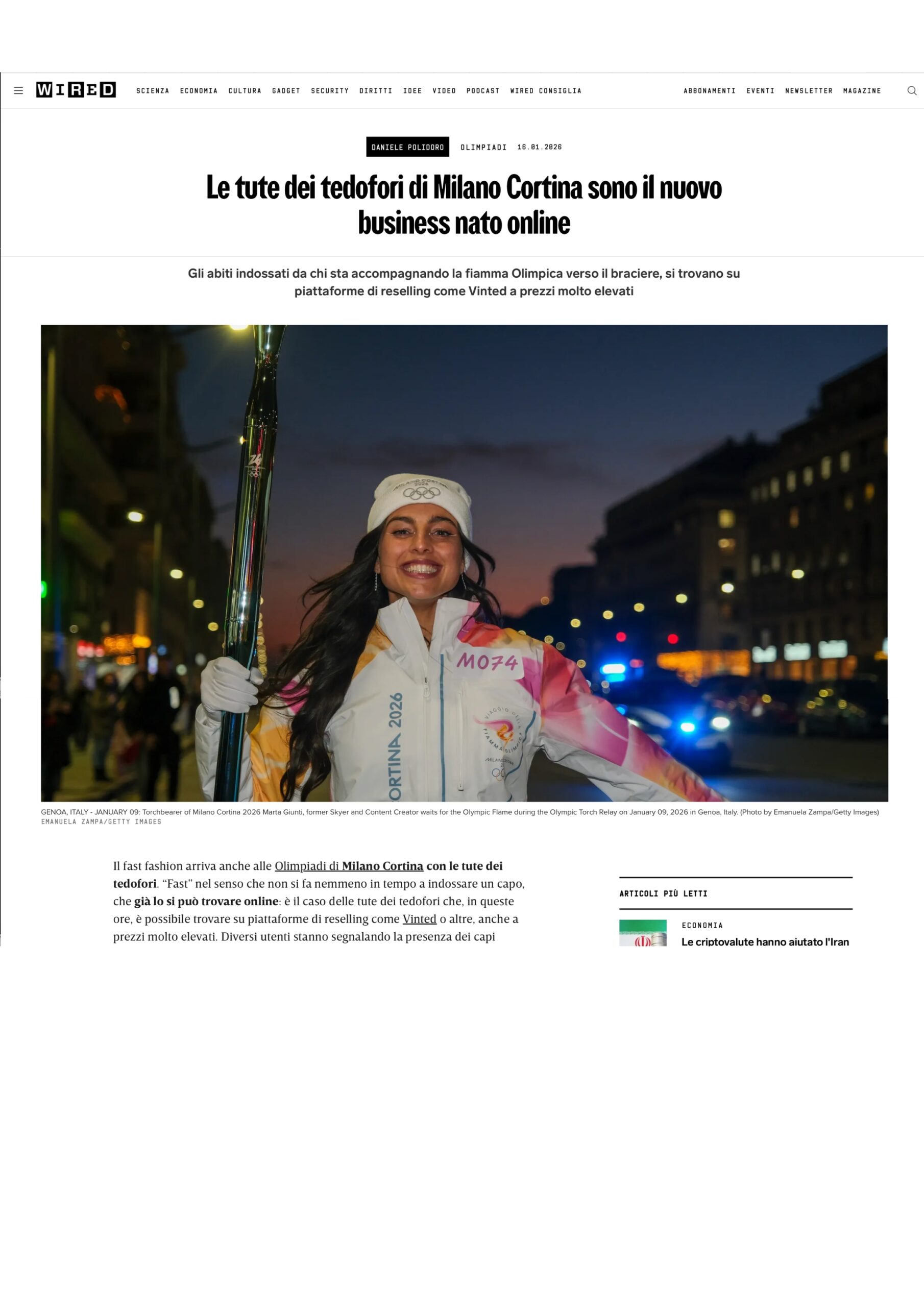 Published in Wired, article “Le tute dei tedofori di Milano Cortina sono il nuovo business nato online”, [2026]. Documentary photography by Emanuela Zampa. Screenshot of the original editorial layout, preserving image placement and credits.