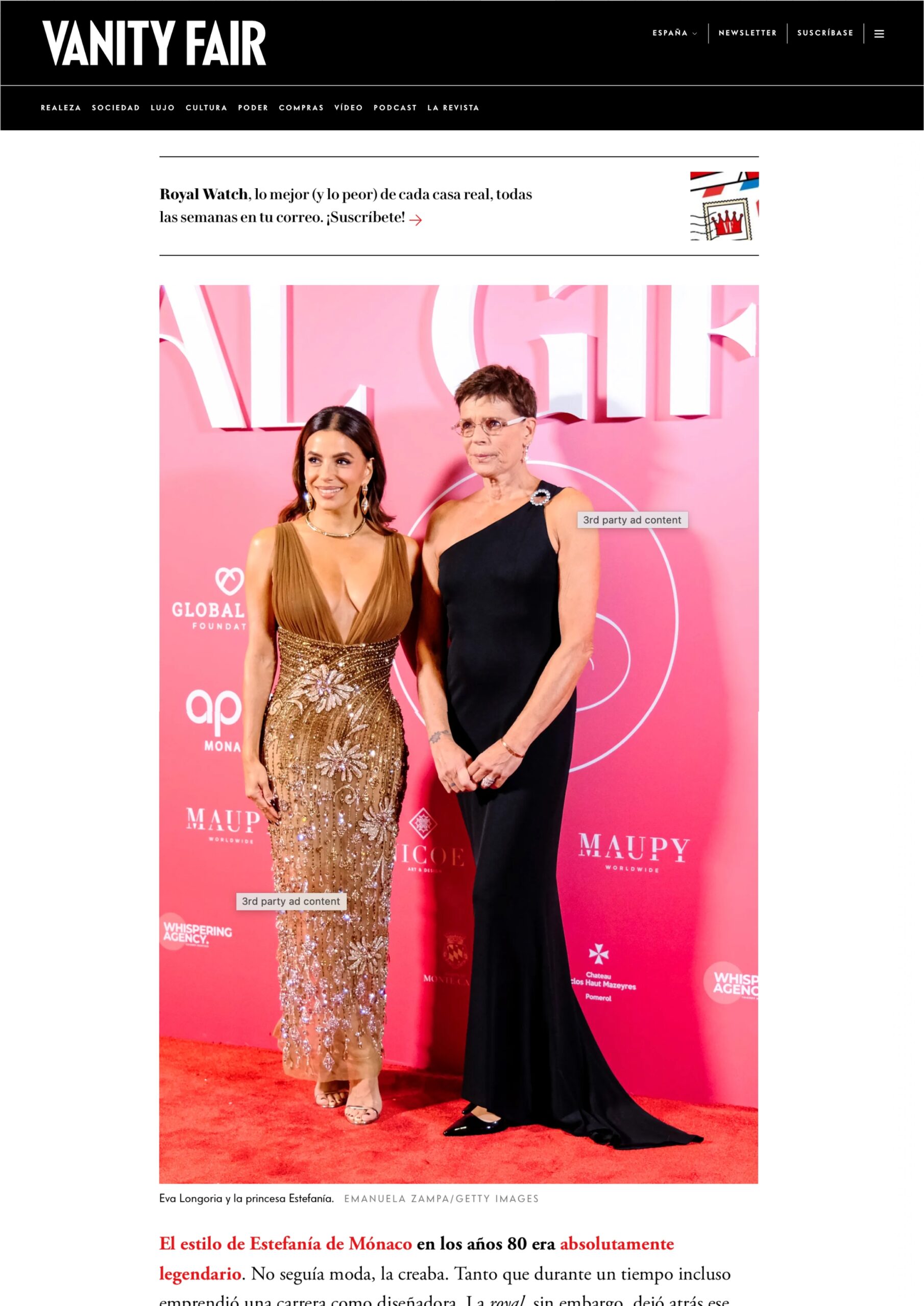 Published in Vanity Fair, article “Estefanía de Mónaco recupera un vestido que estrenó en 1996 para la gala de la fundación de María Bravo que su hija Camille ha llevado a Montecarlo”, [2025]. Documentary photography by Emanuela Zampa. Screenshot of the original editorial layout, preserving image placement and credits.
