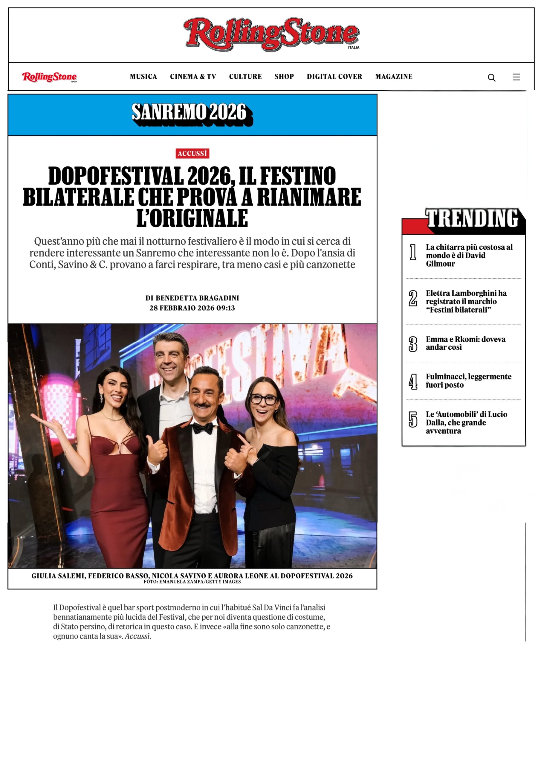 Published in Rolling Stone, article “Dopofestival 2026, il festino bilaterale che prova a rianimare l'originale”, [2026]. Documentary photography by Emanuela Zampa. Screenshot of the original editorial layout, preserving image placement and credits.