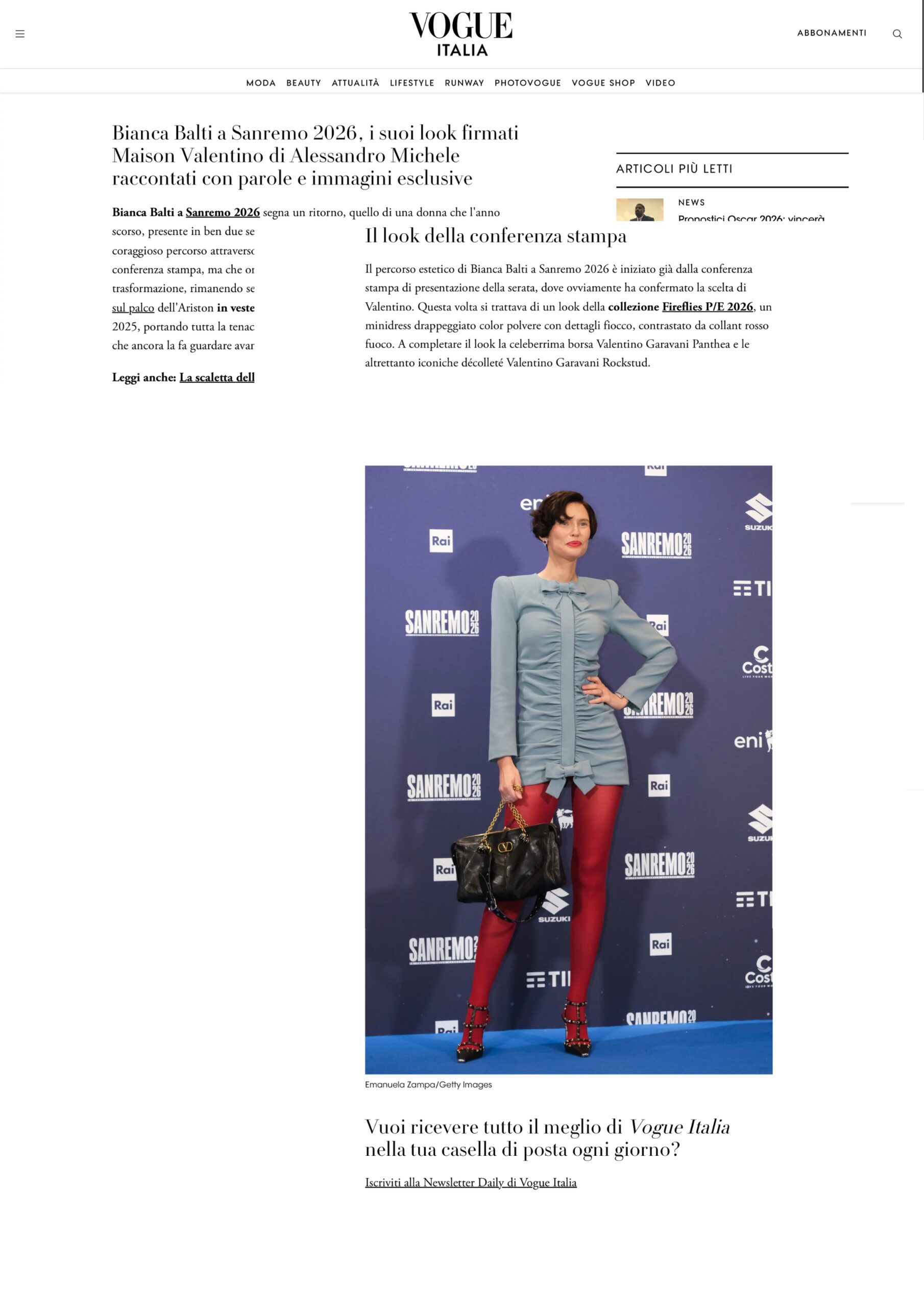 Published in Vogue, article “Bianca Balti a Sanremo 2026, i suoi look firmati Maison Valentino di Alessandro Michele raccontati con parole e immagini esclusive”, [2026]. Documentary photography by Emanuela Zampa. Screenshot of the original editorial layout, preserving image placement and credits.