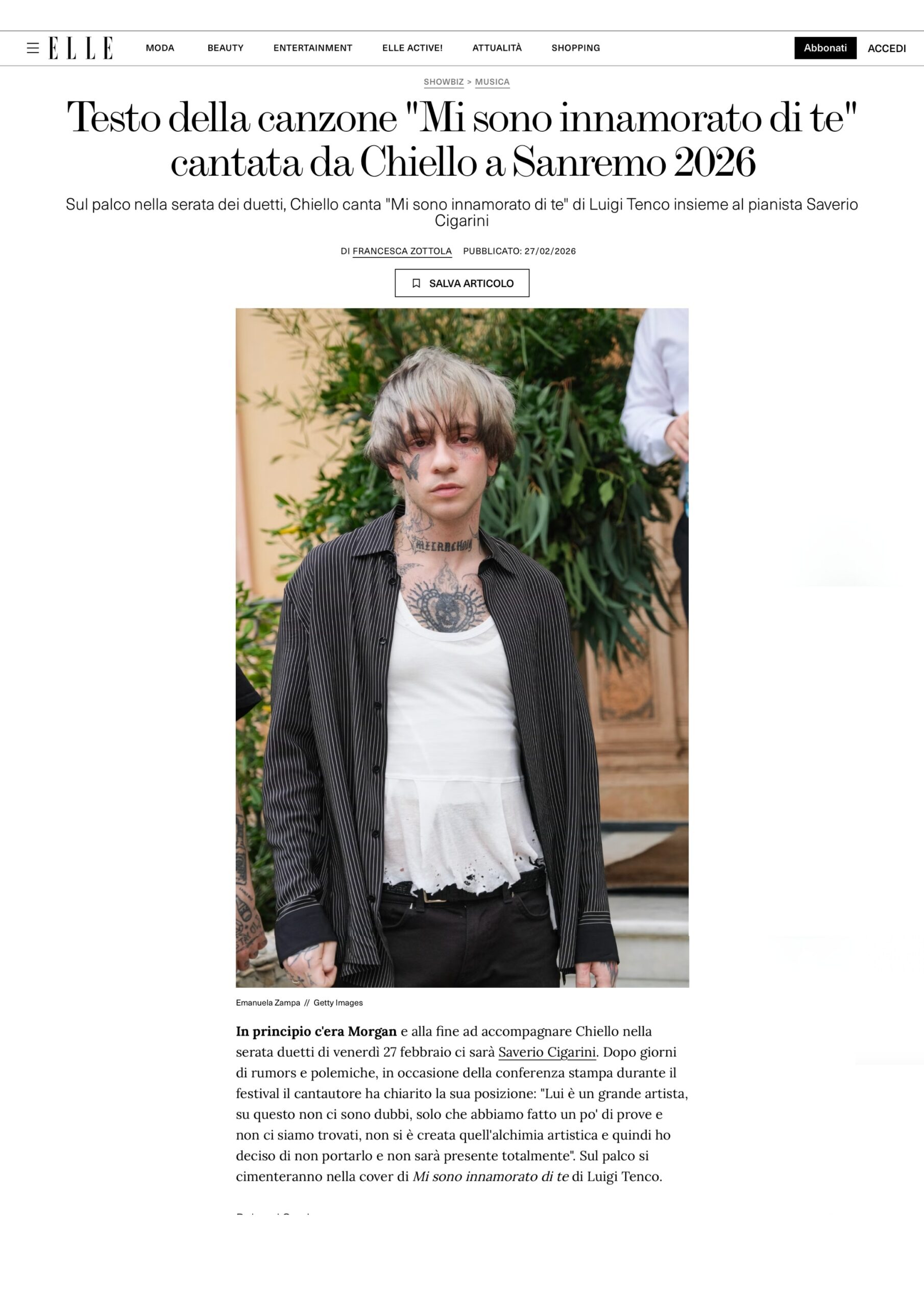 Published in ELLE, article “Testo della canzone 'Mi sono innamorato di te' cantata da Chiello a Sanremo 2026”, [2026]. Documentary photography by Emanuela Zampa. Screenshot of the original editorial layout, preserving image placement and credits.