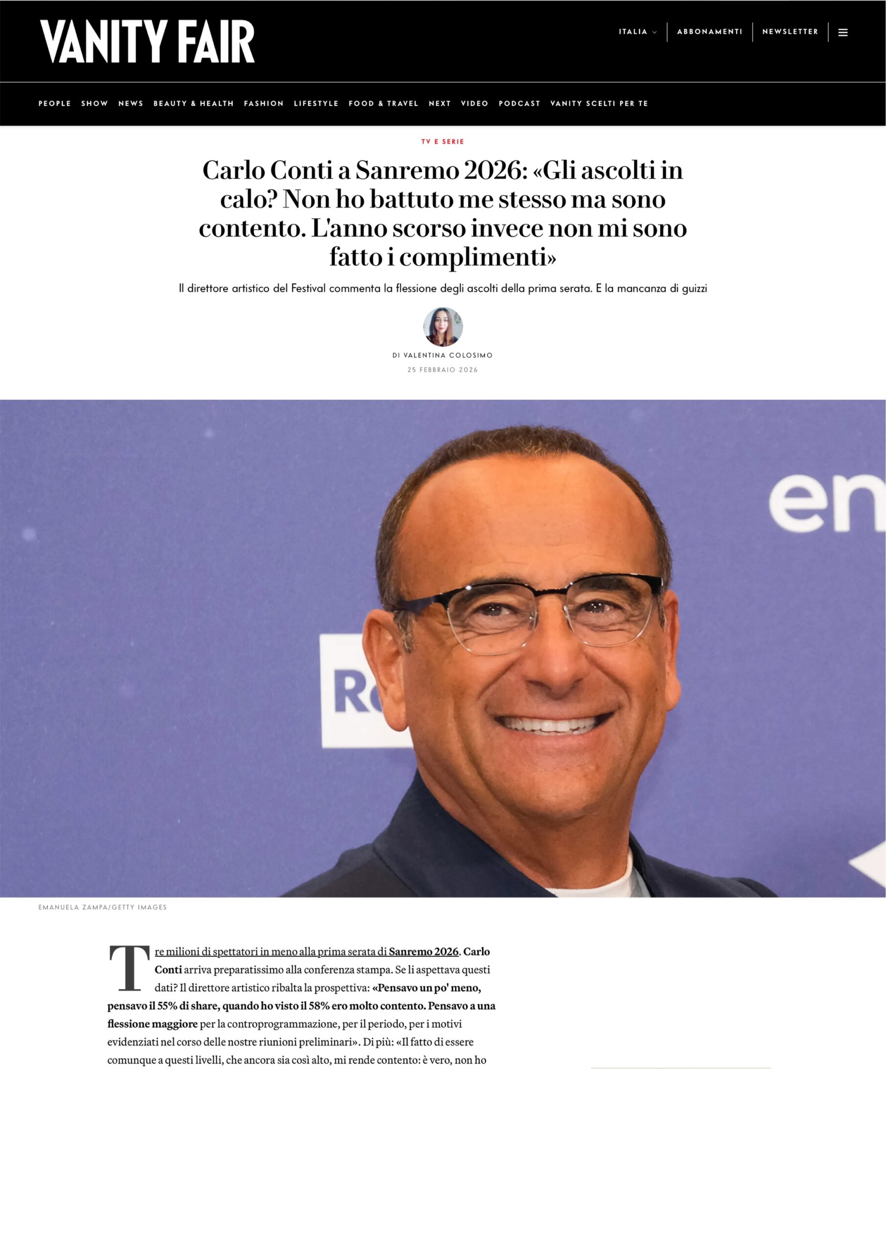 Published in Vanity Fair, article “Carlo Conti a Sanremo 2026: <>”, [2026]. Documentary photography by Emanuela Zampa. Screenshot of the original editorial layout, preserving image placement and credits.