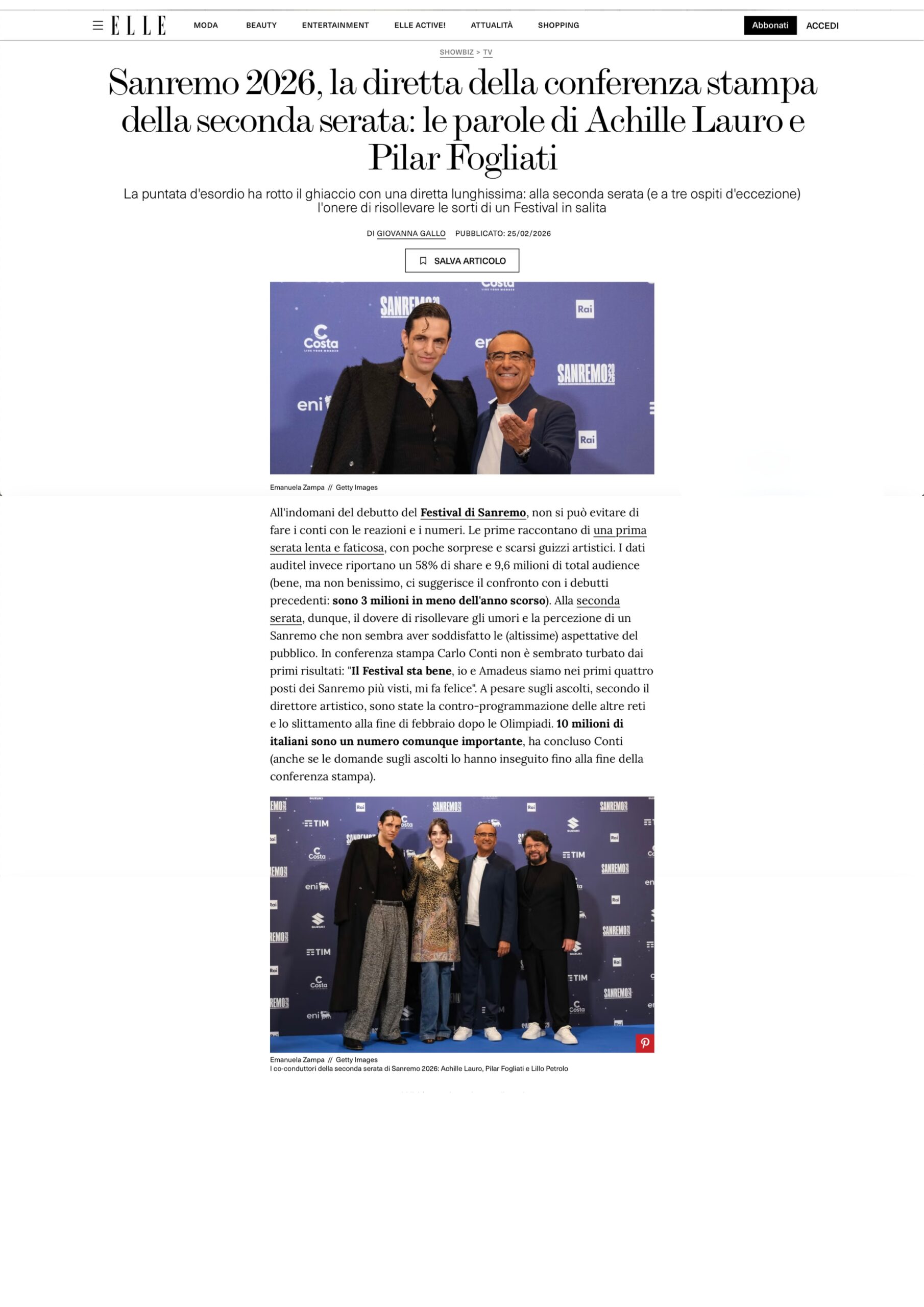 Published in ELLE, article “Sanremo 2026, la diretta della conferenza stampa della seconda serata: le parole di Achille Lauro e Pilar Fogliati”, [2026]. Documentary photography by Emanuela Zampa. Screenshot of the original editorial layout, preserving image placement and credits.