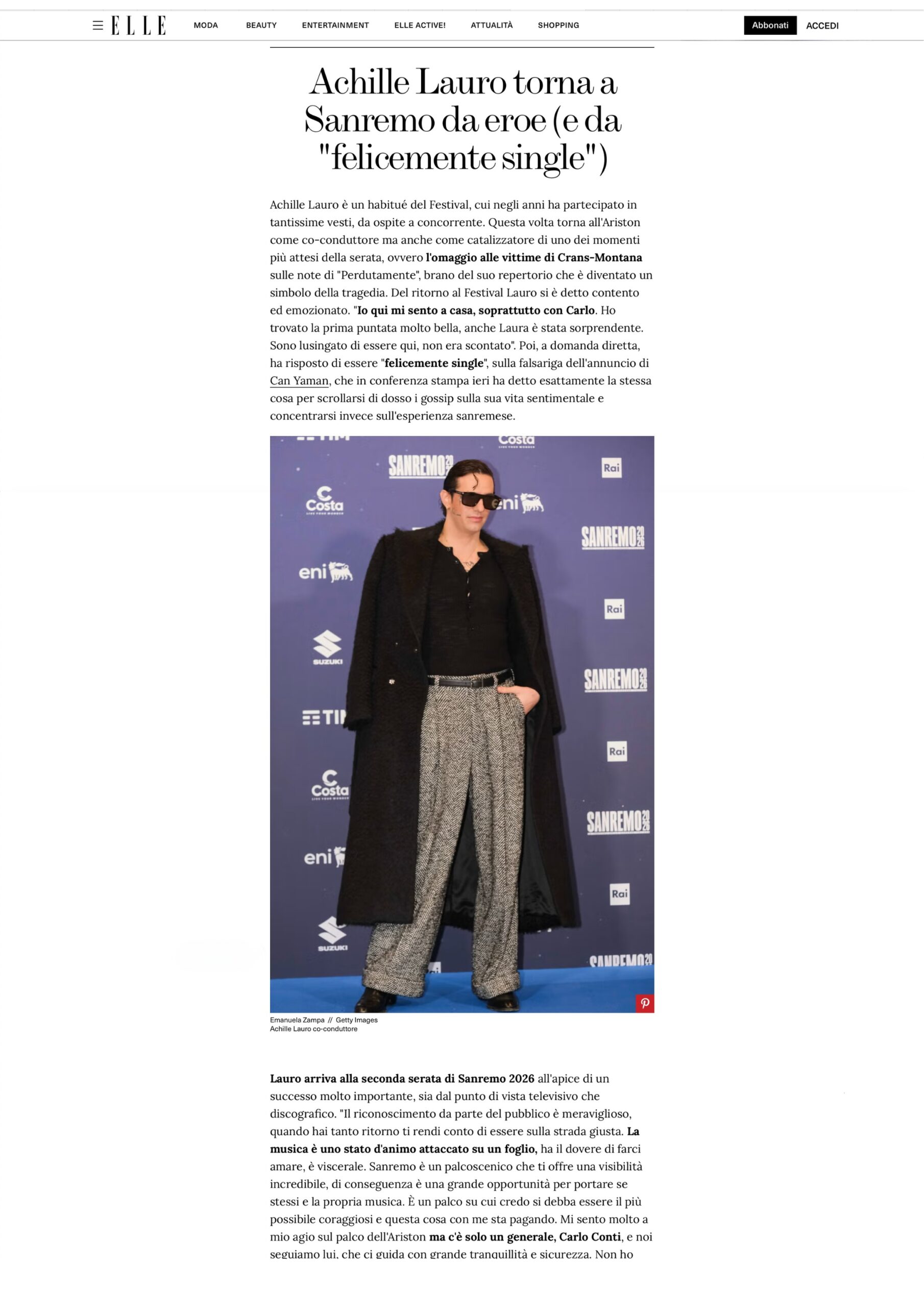 Published in ELLE, article “Achille Lauro torna a Sanremo da eroe (e da 'felicemente single')”, [2026]. Documentary photography by Emanuela Zampa. Screenshot of the original editorial layout, preserving image placement and credits.