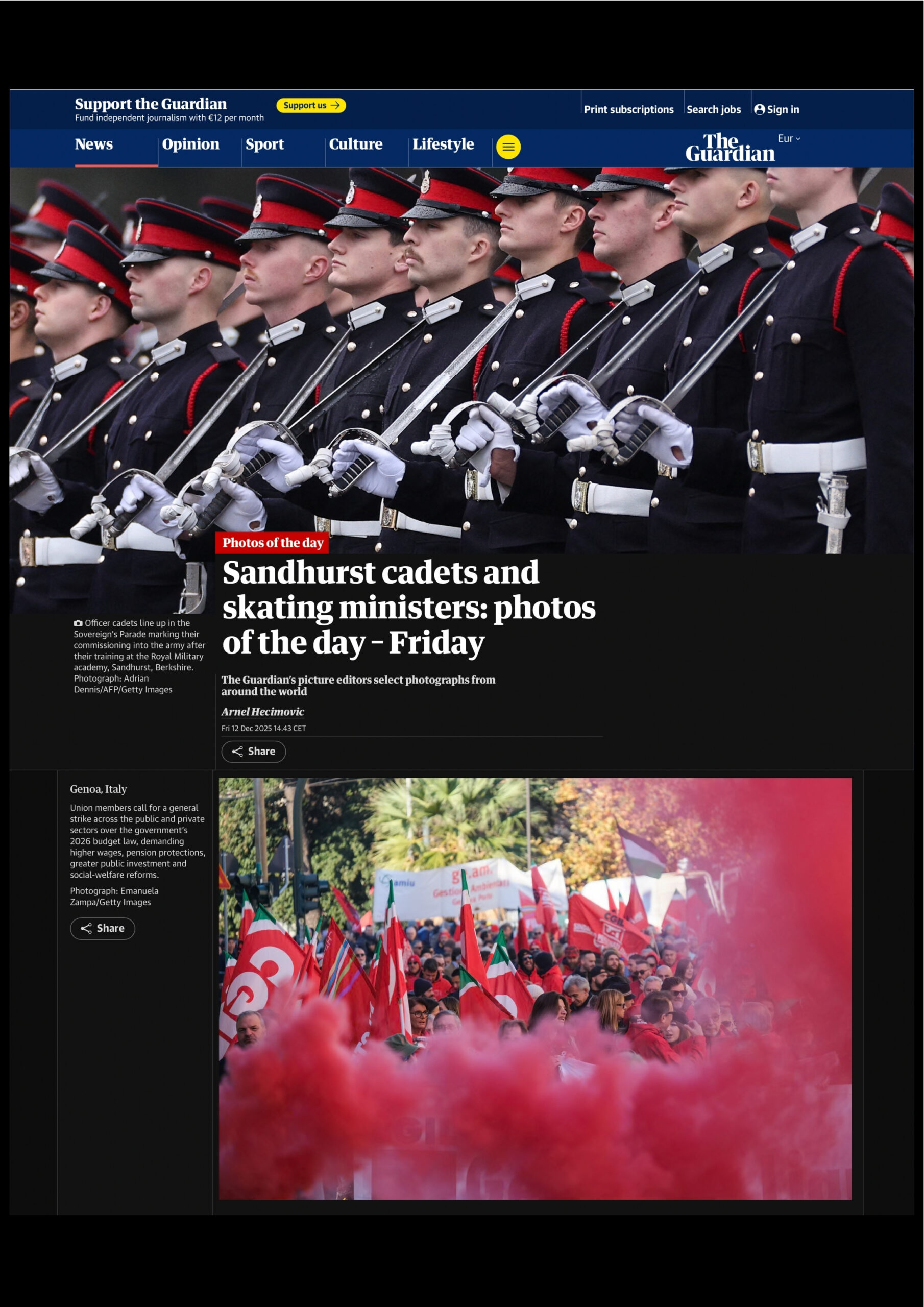 Published in The Guardian, article “Photos of the day - Friday”, [2025]. Documentary photography by Emanuela Zampa. Screenshot of the original editorial layout, preserving image placement and credits.