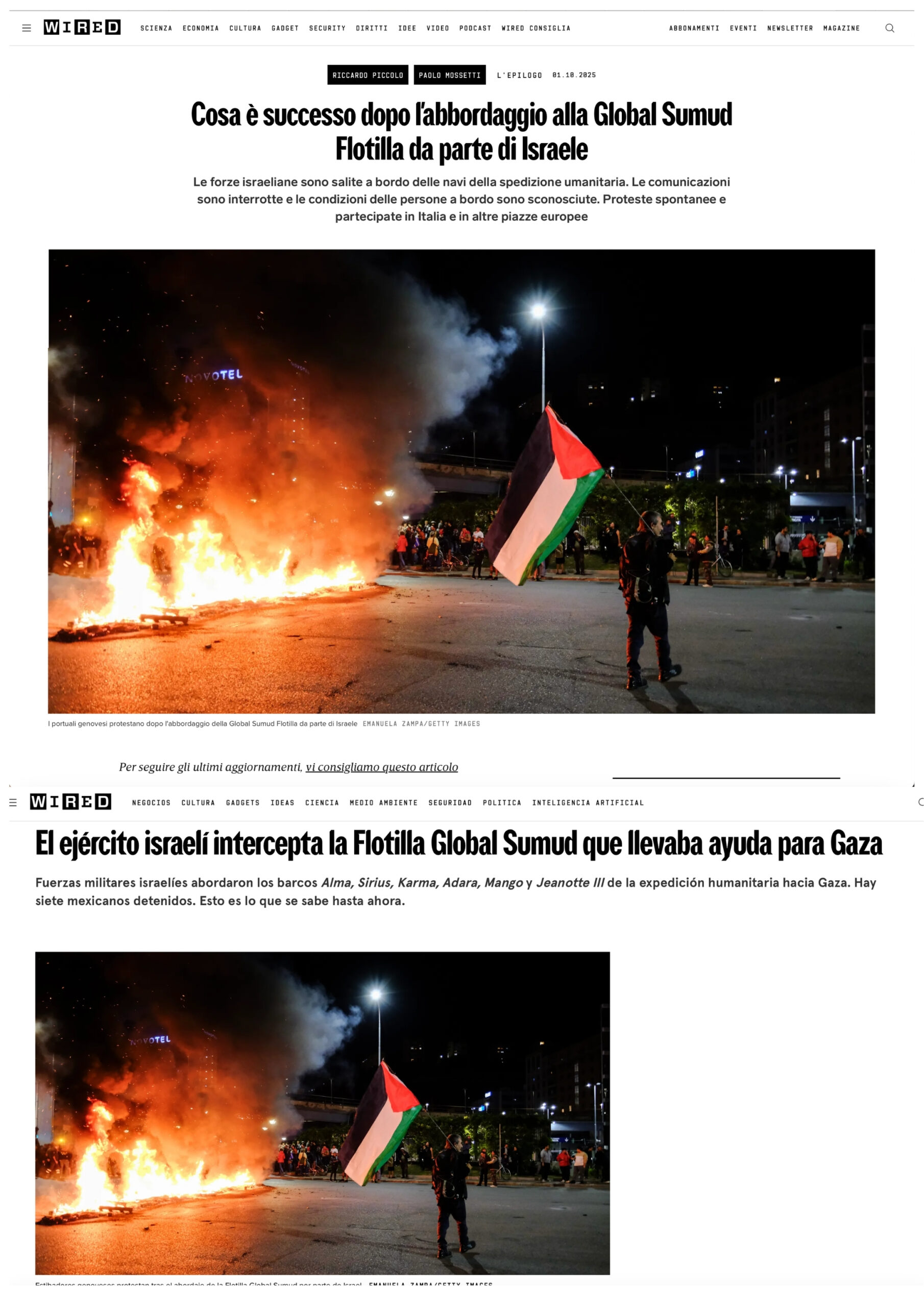 Published in Wired, article “Cosa è successo dopo l'abbordaggio alla Global Sumud Flottilla da parte di Israele”, [2025]. Documentary photography by Emanuela Zampa. Screenshot of the original editorial layout, preserving image placement and credits.