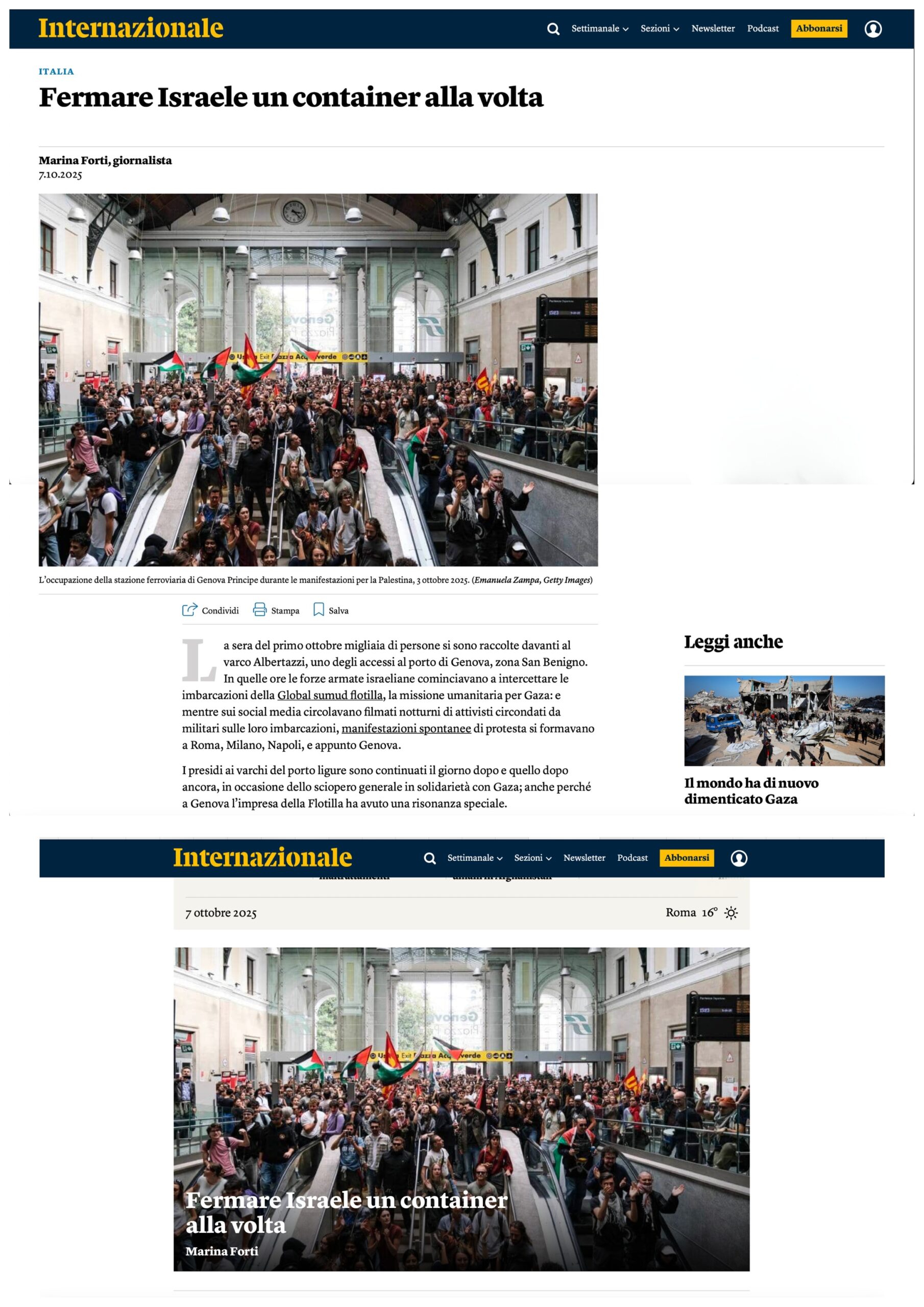 Published in Internazionale, article “Fermare Israele un container alla volta”, [2025]. Documentary photography by Emanuela Zampa. Screenshot of the original editorial layout, preserving image placement and credits.