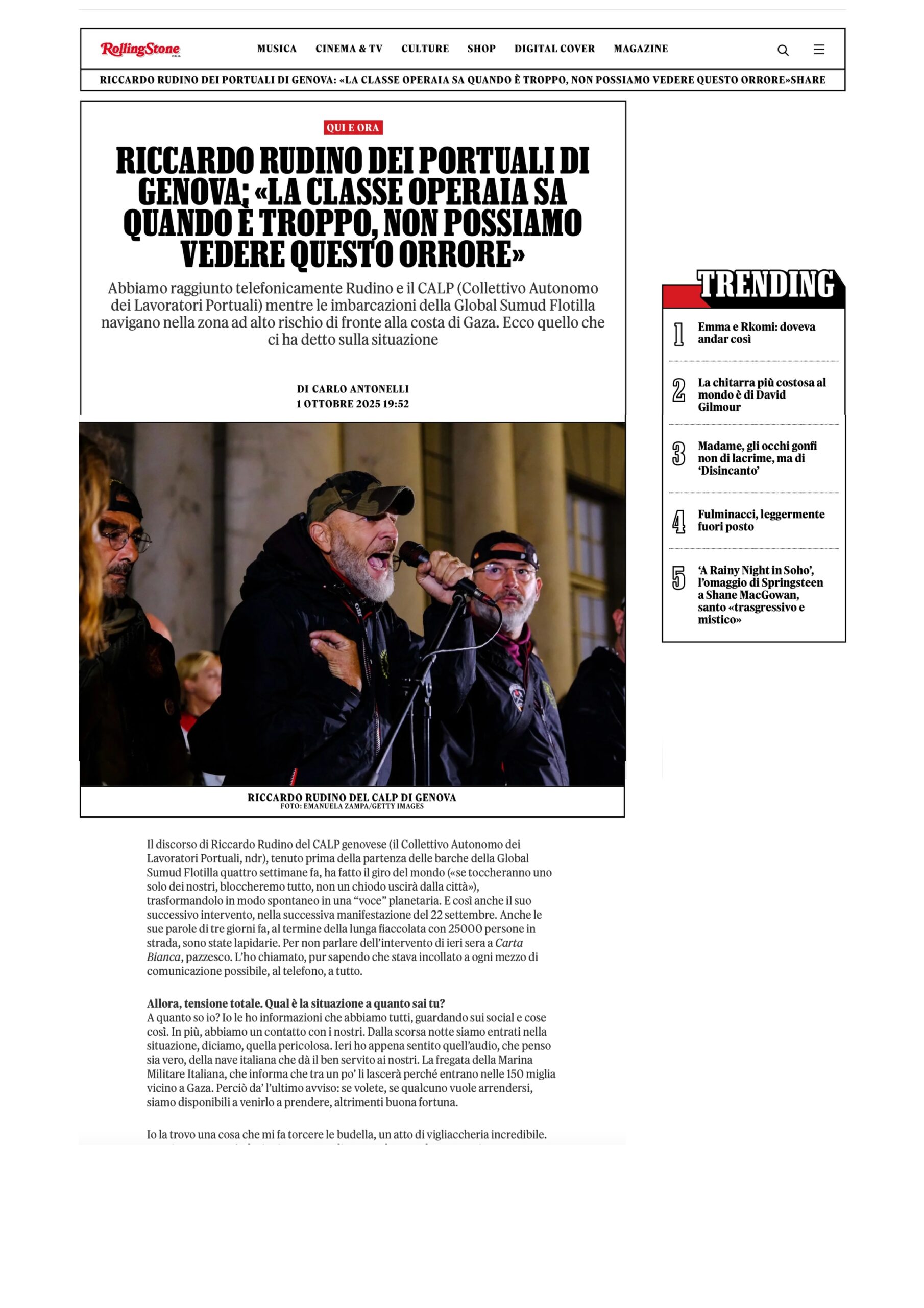 Published in Rolling Stone, article “Riccardo Rudino dei portuali di Genova: <>”, [2025]. Documentary photography by Emanuela Zampa. Screenshot of the original editorial layout, preserving image placement and credits.