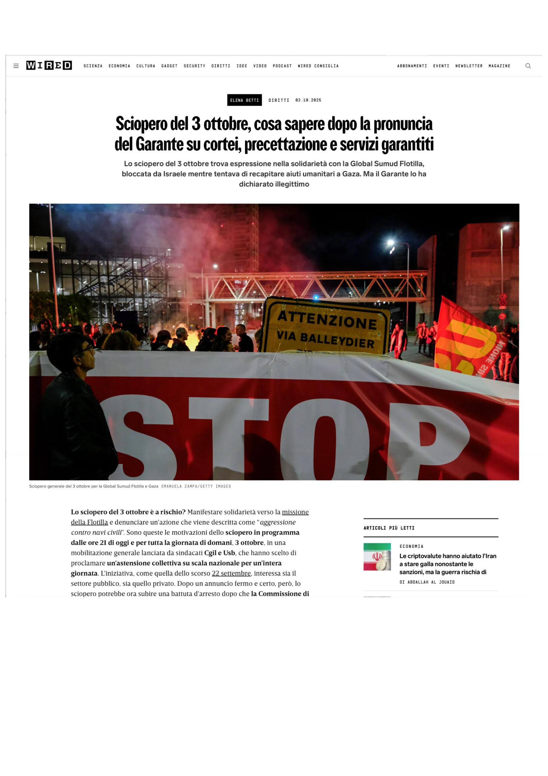 Published in Wired, article “sciopero del 3 ottobre, cosa sapere dopo la pronuncia del Garante su cortei, precettazione e servizi garantiti”, [2025]. Documentary photography by Emanuela Zampa. Screenshot of the original editorial layout, preserving image placement and credits.