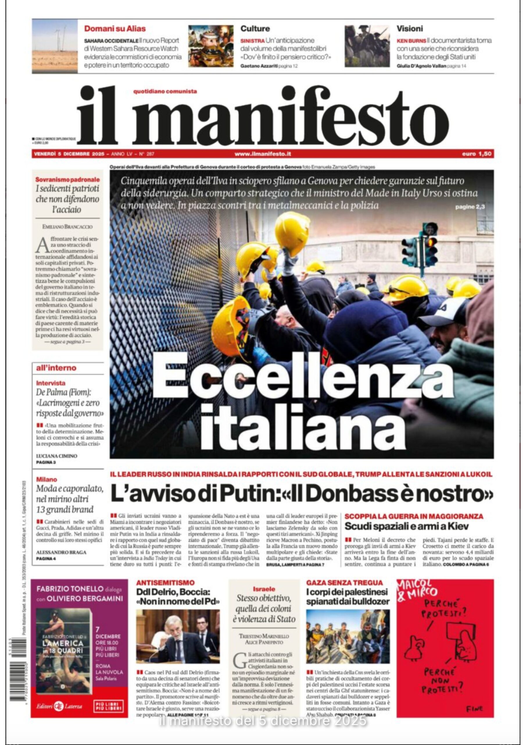 Published in Il Manifesto, article “Cover page - Eccellenza Italiana”, [2025]. Documentary photography by Emanuela Zampa. Screenshot of the original editorial layout, preserving image placement and credits.