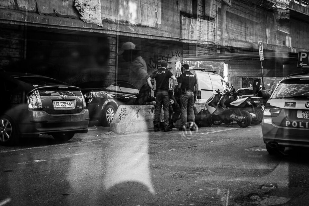 In the town of Ventimiglia, people with darker skin tones are routinely stopped and identified by police after a certain hour in the evening. Ventimiglia, 2019.