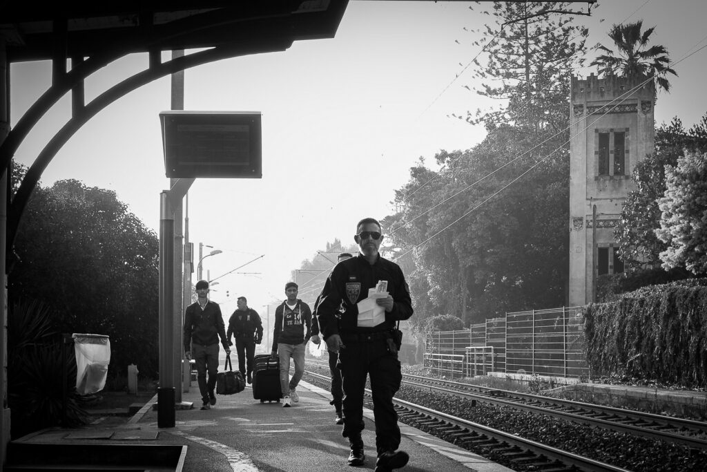 Menton train station is the first stop on French territory. Here, French gendarmes board all trains arriving from Italy and carry out identity checks targeting people considered suspicious, a practice widely criticized for racial profiling. Menton, 2019.
